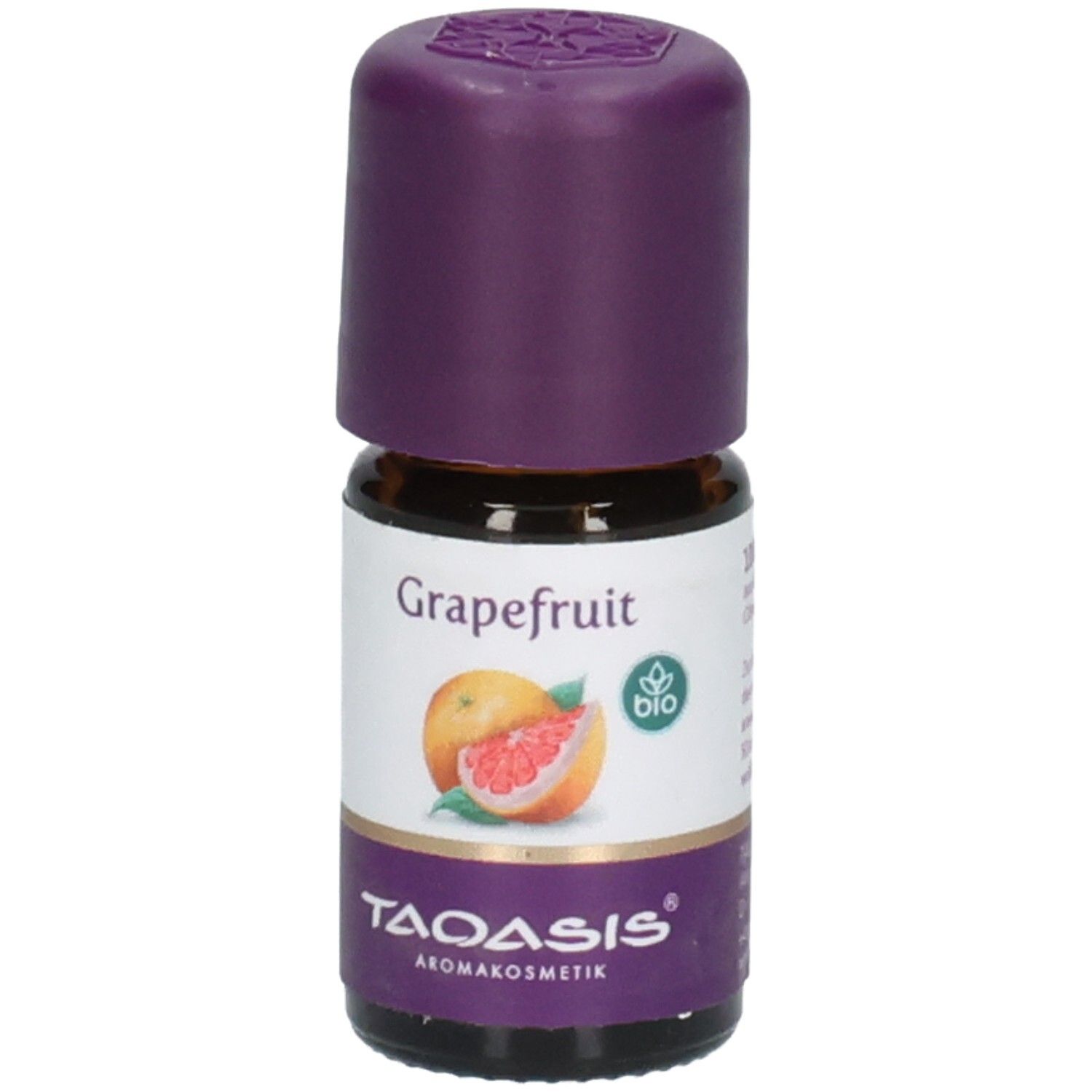Flacon en verre brun avec bouchon violet. Inscription "Grapefruit" et image de pamplemousse. Logo et label "BIO".