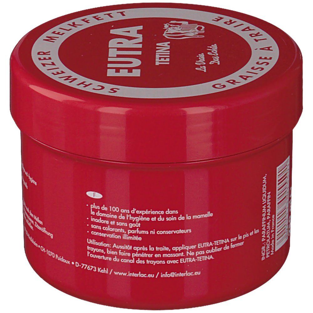 Rote Dose mit weißem Deckel. Aufschrift: Eutra Tetina, Schweizer Melkfett, Graisse à Traire. Text auf Französisch.