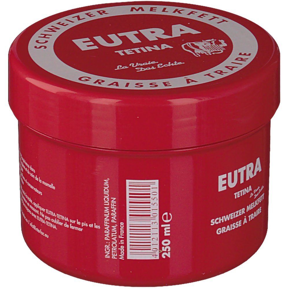 Rote Dose mit weißem Deckel. Aufschrift: Eutra Tetina, Schweizer Melkfett, Graisse à Traire. 250 ml.