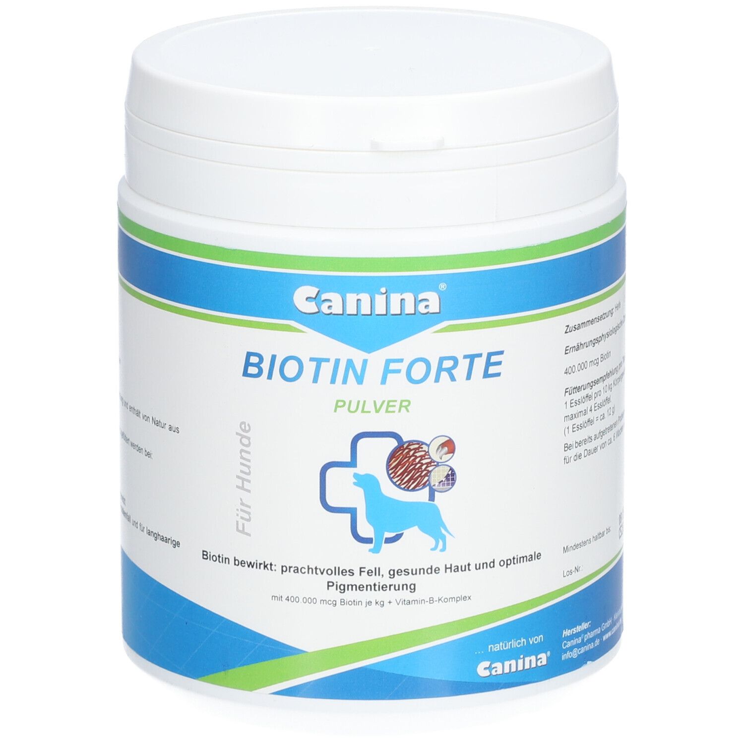 Weiße Dose mit blau-grüner Banderole. Aufschrift: Canina Biotin Forte Pulver. Logo: Hund. Für Hunde.
