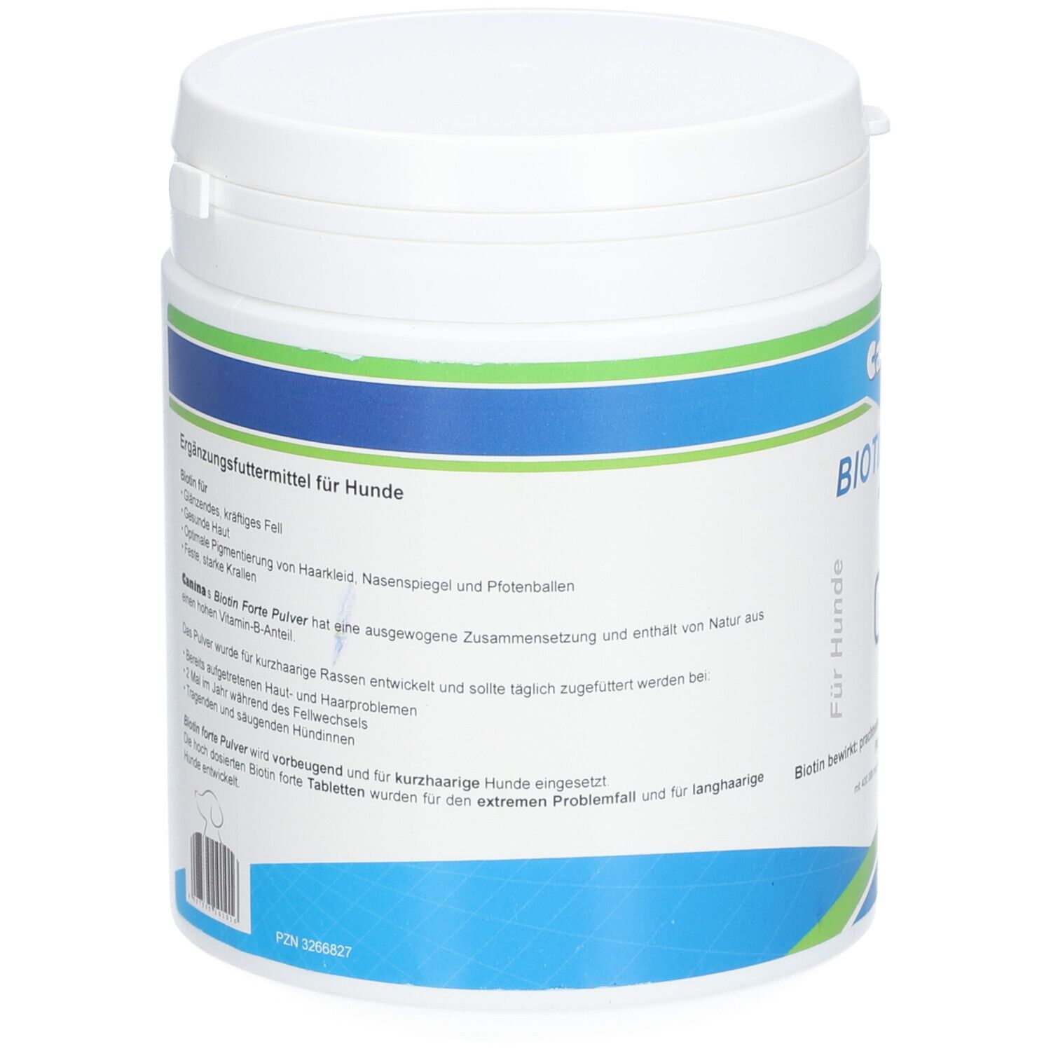 Rückseite der weißen Dose. Text: Ergänzungsfuttermittel für Hunde. Informationen zu Inhaltsstoffen und Anwendung.