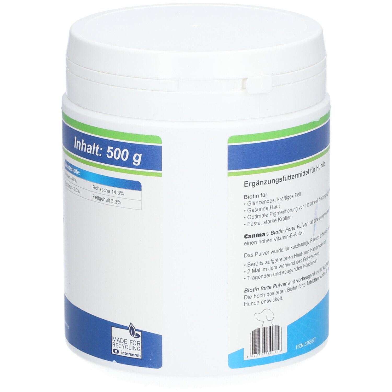 Rückseite der weißen Dose. Aufschrift: Inhalt: 500 g. Angaben zu Inhaltsstoffen: Rohprotein, Rohfaser, Fettgehalt.