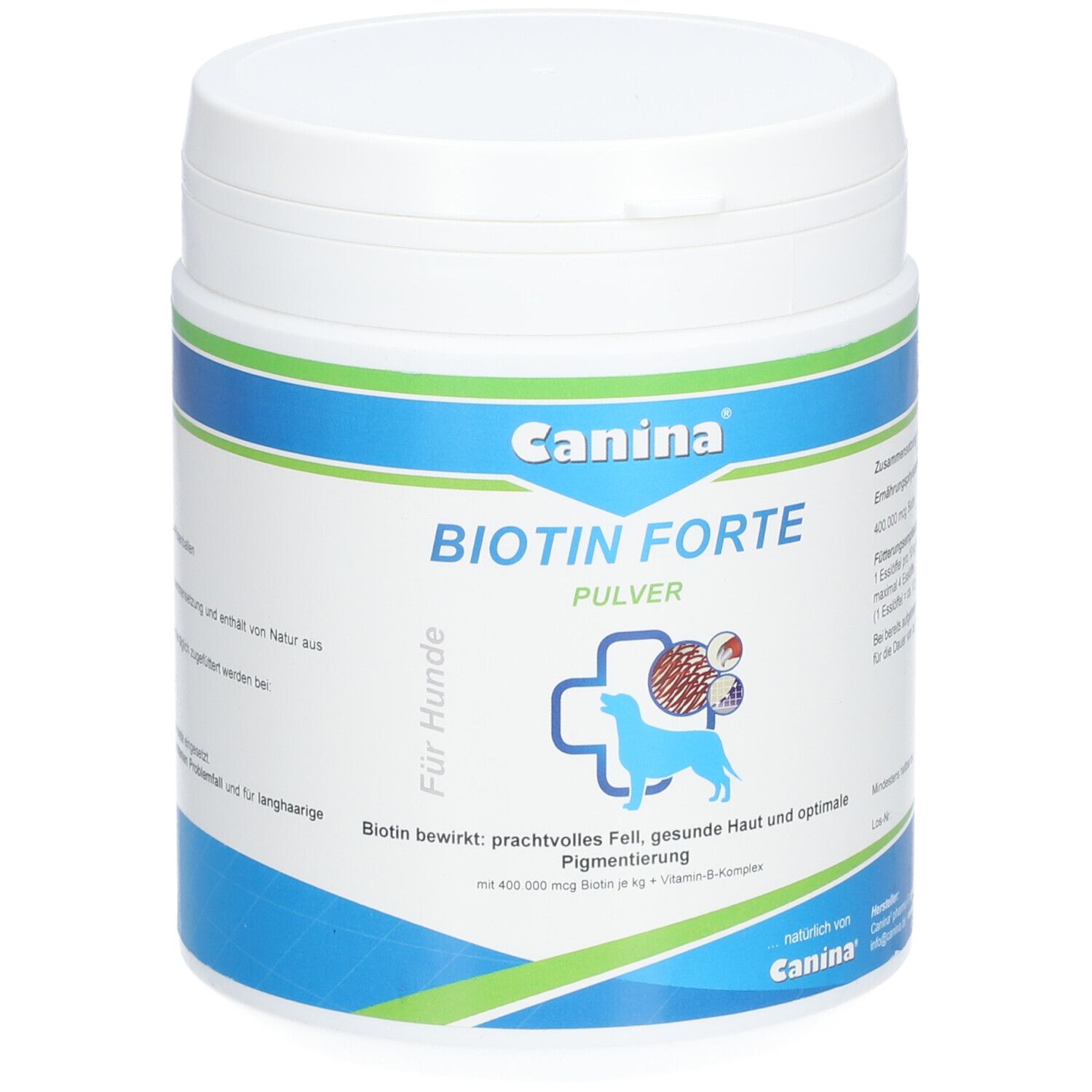 Weiße Dose mit blau-grüner Banderole. Aufschrift: Canina Biotin Forte Pulver. Logo: Hund. Für Hunde.