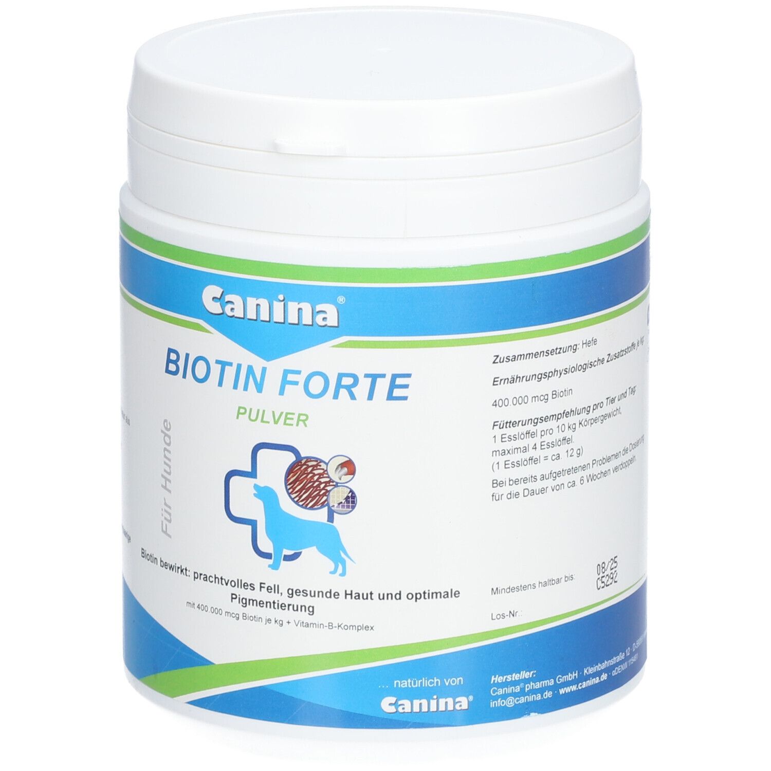 Weiße Dose mit blau-grüner Banderole. Aufschrift: Canina Biotin Forte Pulver. Angaben zur Zusammensetzung und Fütterung.