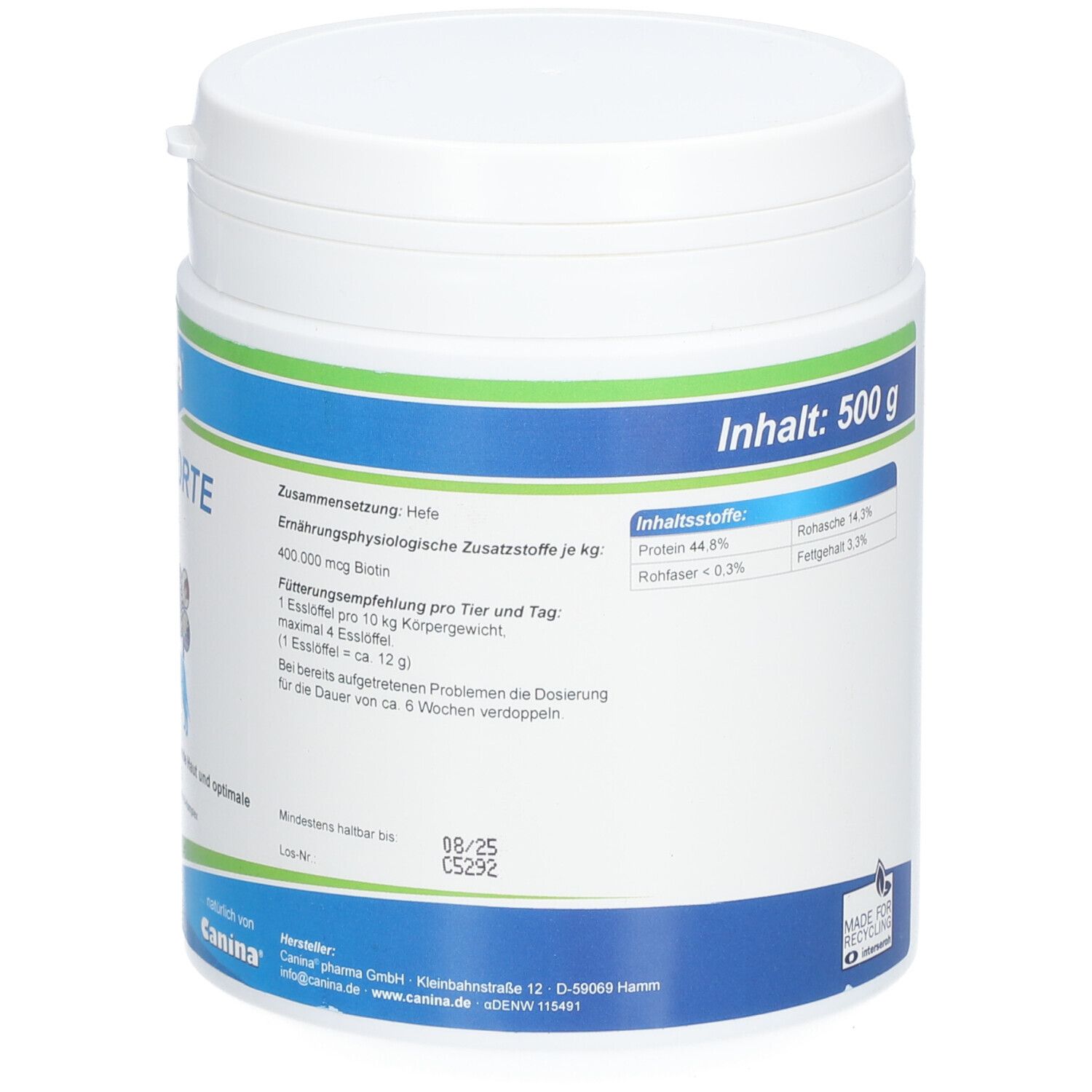 Rückseite der weißen Dose. Aufschrift: Inhalt: 500 g. Angaben zu Inhaltsstoffen und Herstellerinformationen.