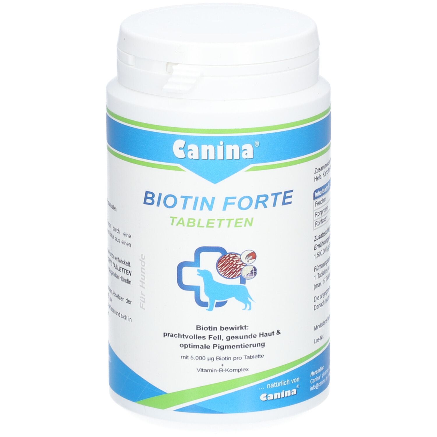 Boîte blanche avec bande bleu-vert. Inscription: Canina Biotin Forte Tabletten. Logo: chien avec croix.