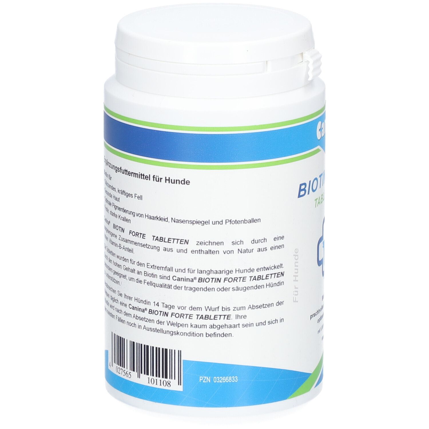 Dos de la boîte blanche. Texte en allemand. Bandeau bleu et vert. Informations du fabricant.