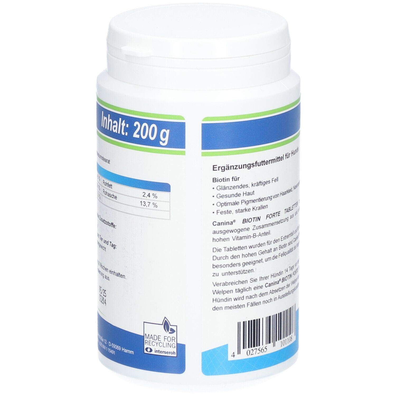 Dos du pot. Texte avec ingrédients. Logo de recyclage. Contenu: 200 g. Bandeau bleu et vert.