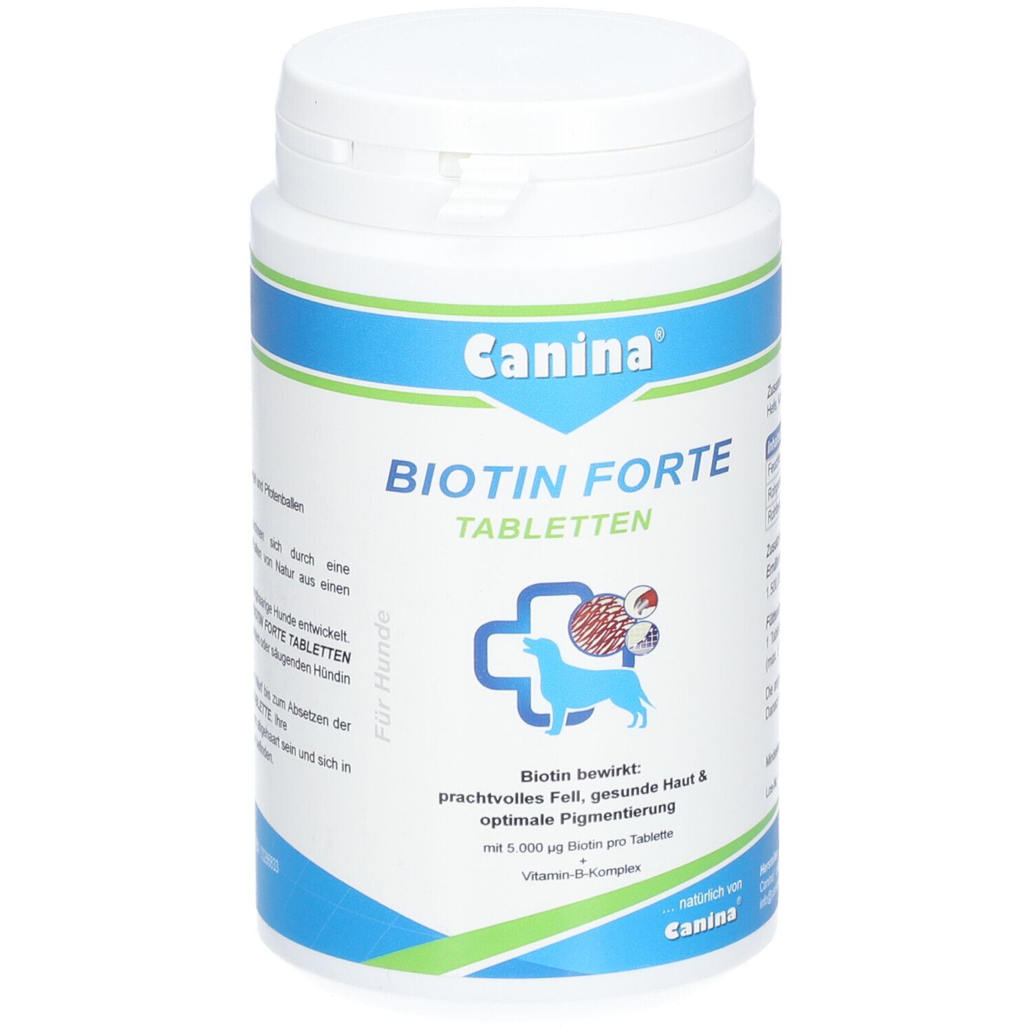 Boîte blanche avec bande bleu-vert. Inscription: Canina Biotin Forte Tabletten. Logo: chien avec croix.