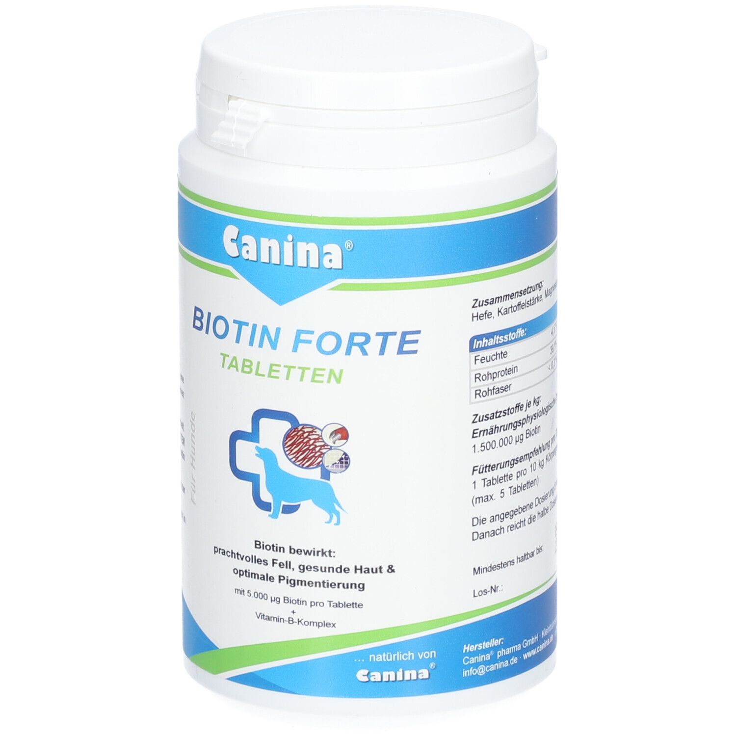 Boîte blanche avec bande bleu-vert. Inscription: Canina Biotin Forte Tabletten. Logo: chien avec croix.