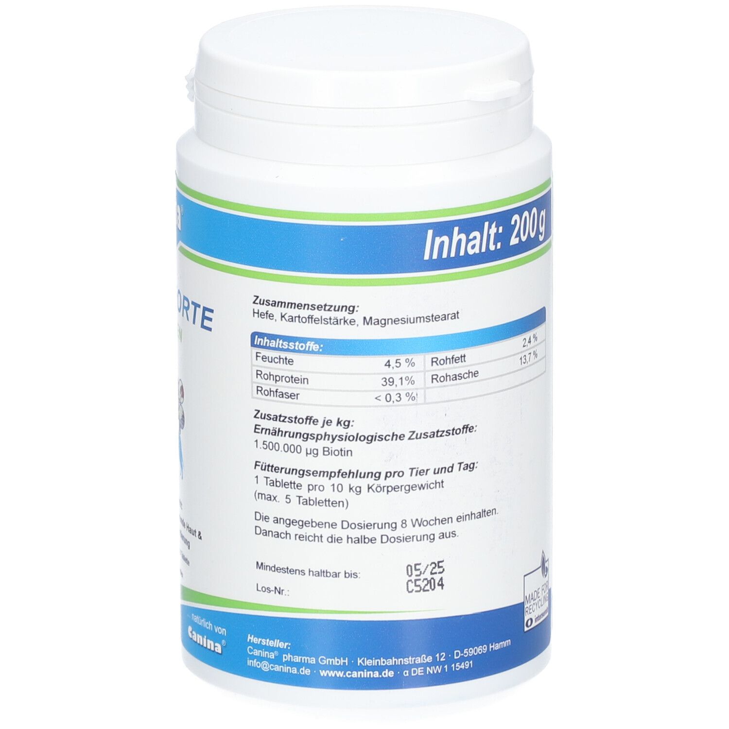 Dos du pot. Texte avec ingrédients. Logo de recyclage. Contenu: 200 g. Bandeau bleu et vert.