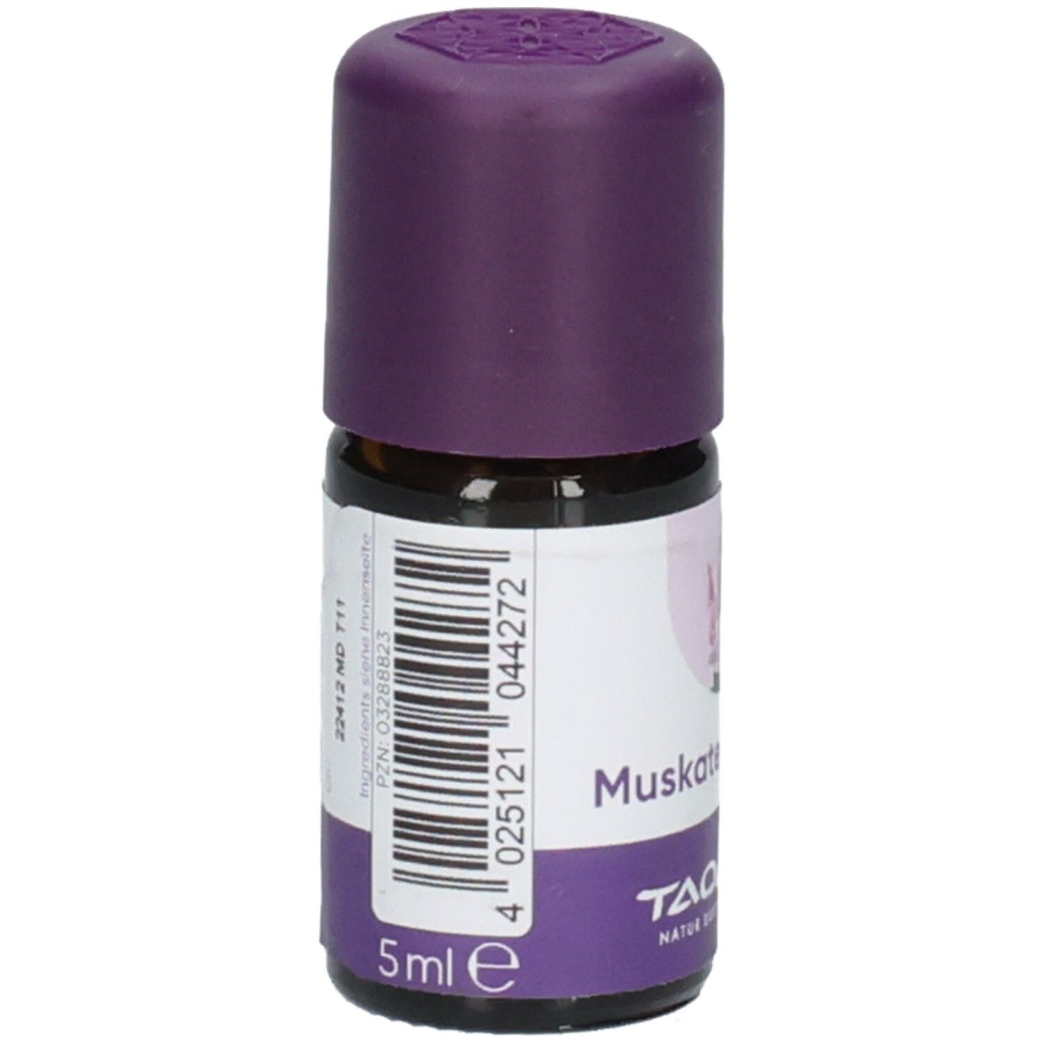 Flacon en verre brun avec bouchon violet. Étiquette avec nom, logo et code-barres. 5ml.