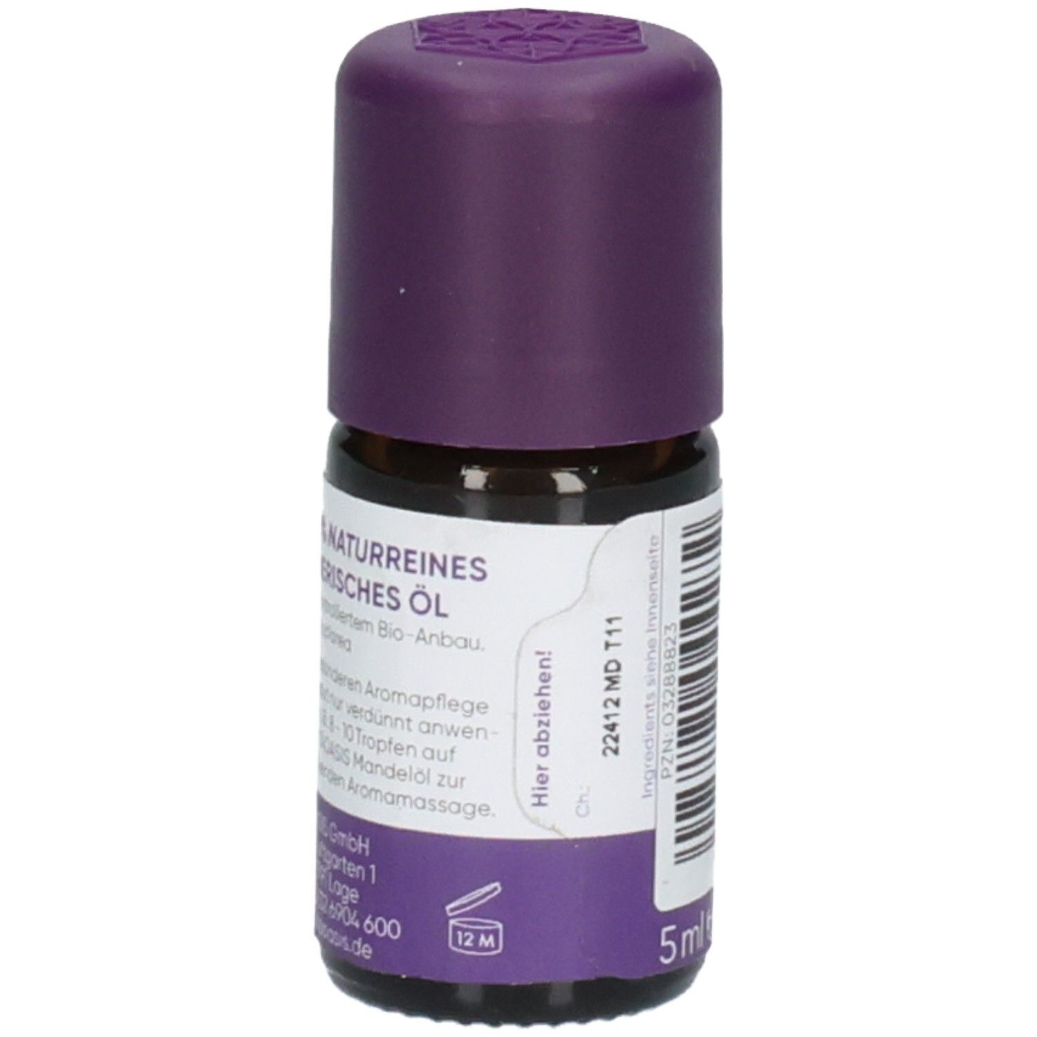 Flacon en verre brun avec bouchon violet. Étiquette avec informations produit et indication 5ml.