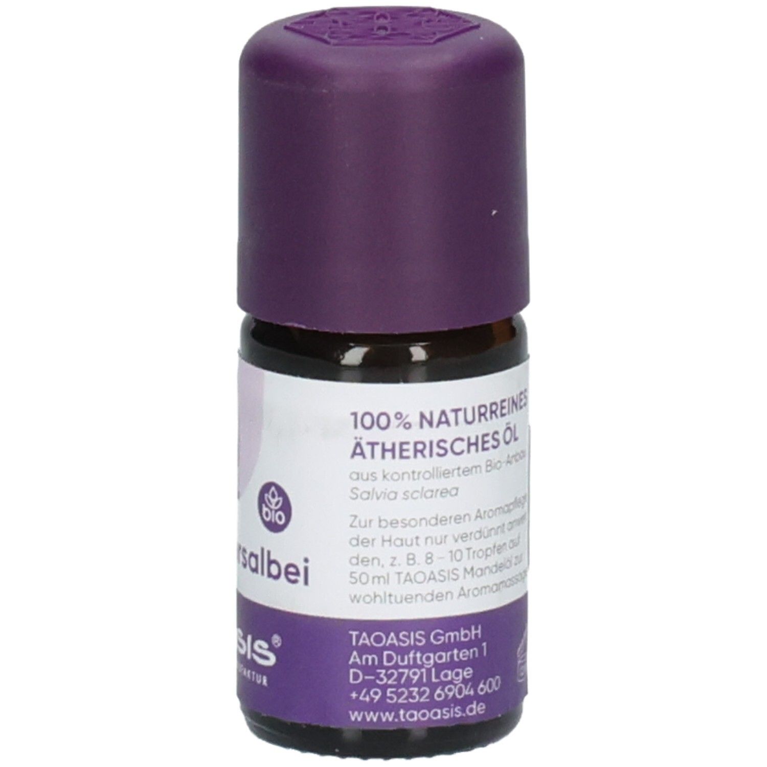 Flacon en verre brun avec bouchon violet. Étiquette avec informations produit et label bio.