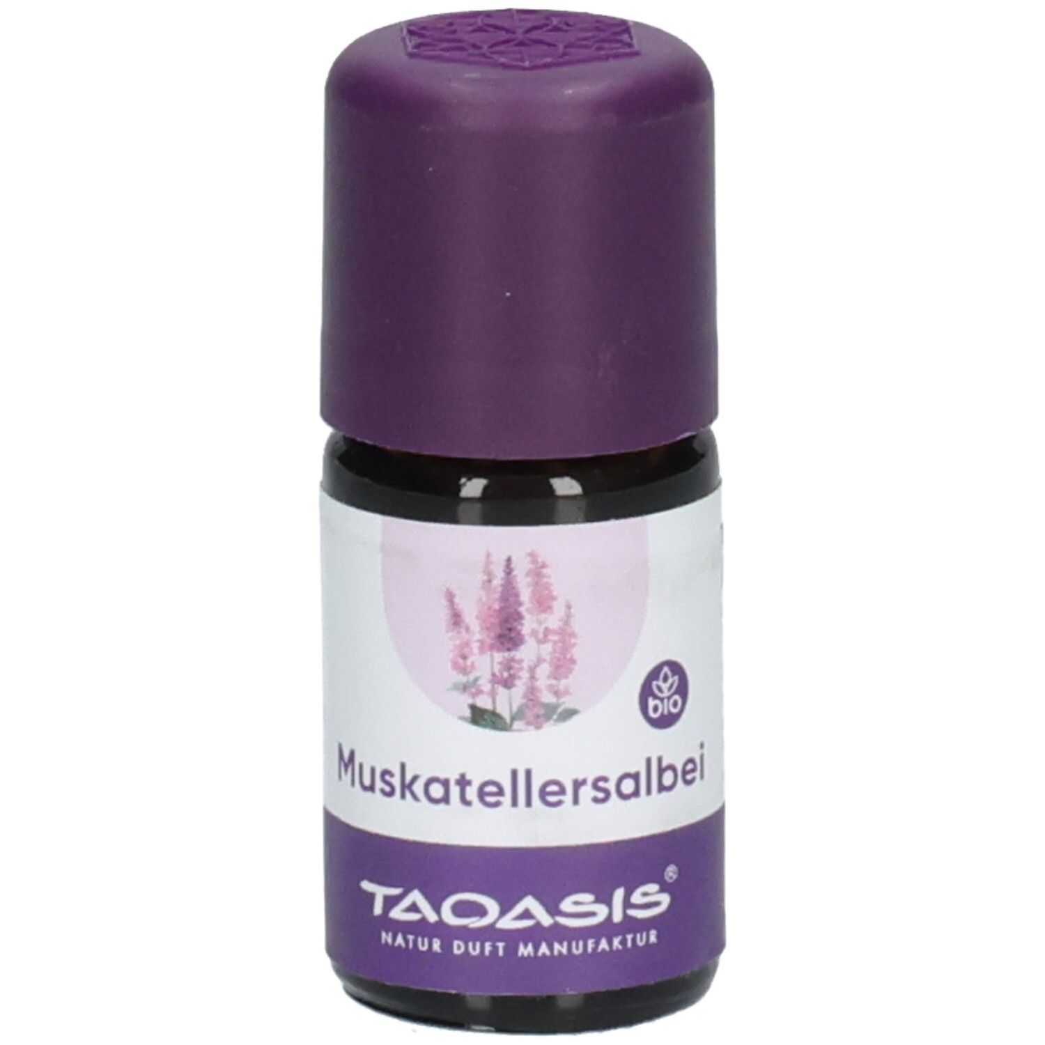 Flacon en verre brun avec bouchon violet. Étiquette avec nom et logo. Label bio.
