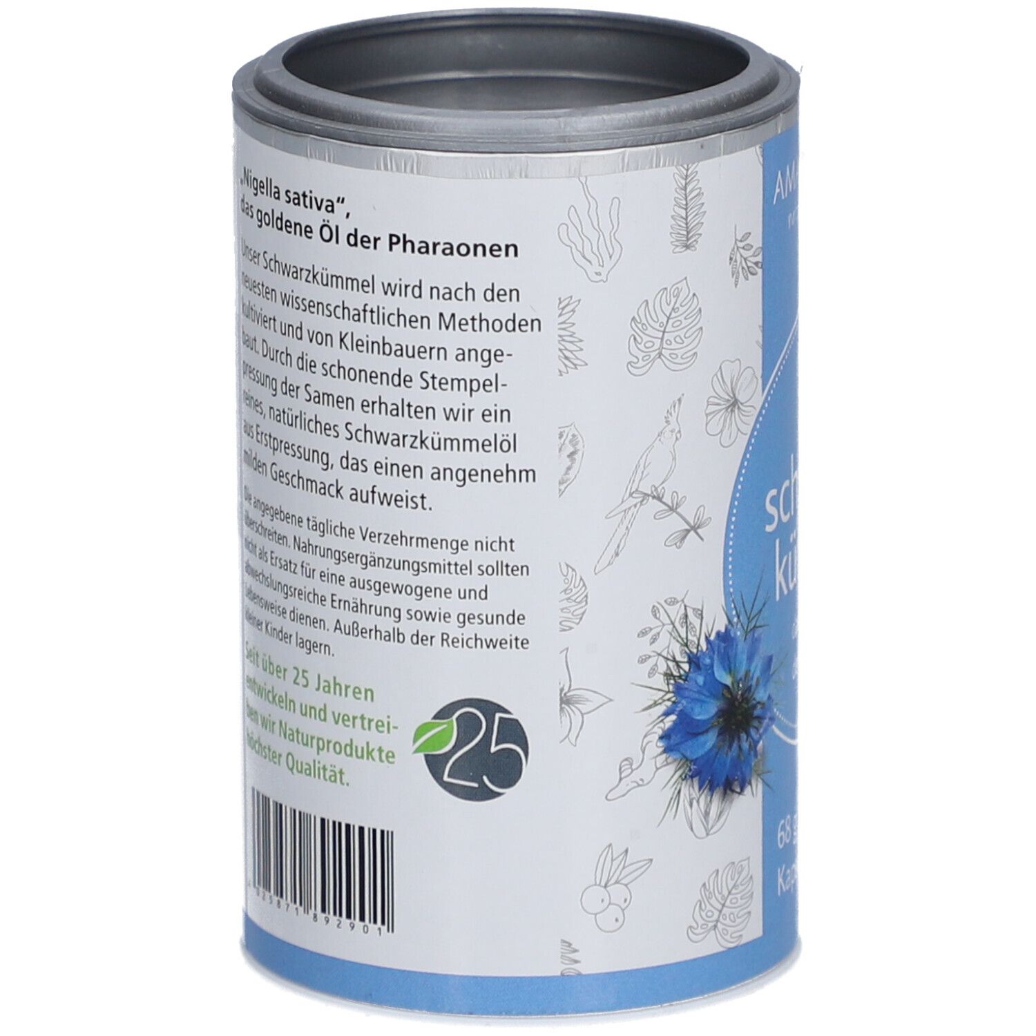 Dose mit blauer Banderole. Text: Nigella sativa, das goldene Öl der Pharaonen. Text und Illustrationen.