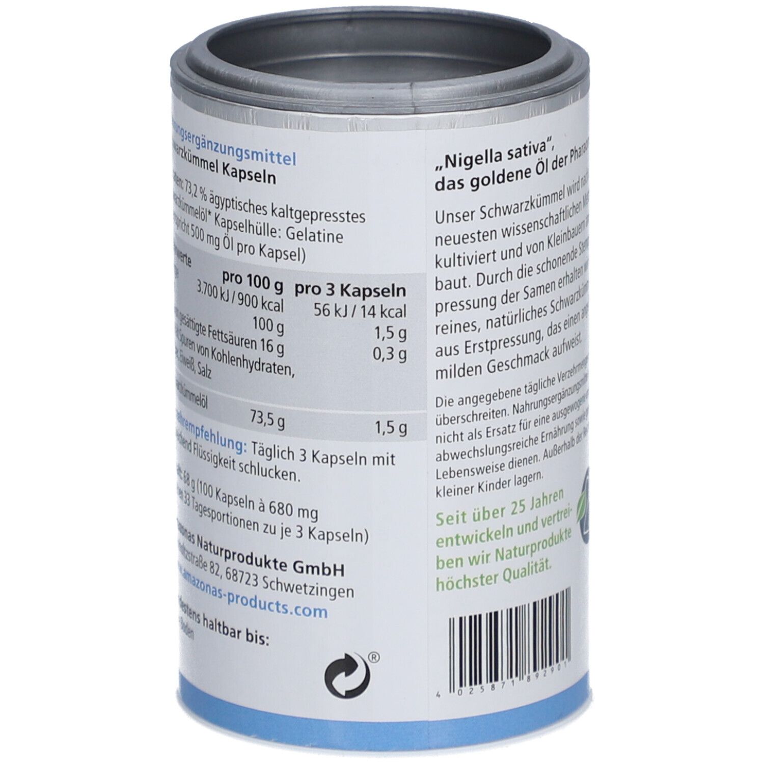 Dose mit blauer Banderole. Text: Nahrungsergänzungsmittel. Nährwertangaben. Text und Illustrationen.