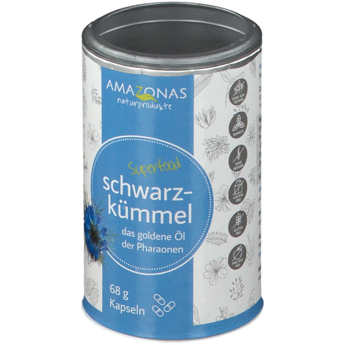 Geöffnete Dose mit blauer Banderole. Aufschrift: AMAZONAS, Schwarzkümmel, Kapseln. 68 g. Illustrationen.