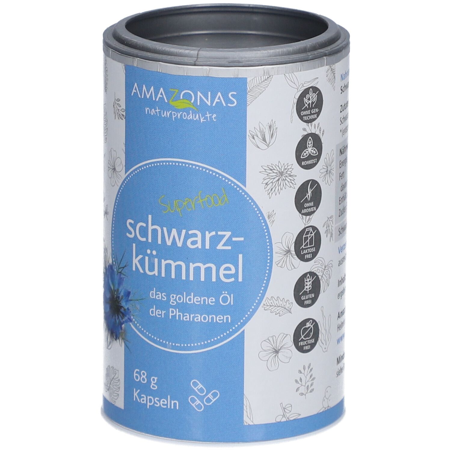 Dose mit blauer Banderole. Aufschrift: AMAZONAS, Schwarzkümmel, Kapseln. 68 g. Illustrationen. Siegel.