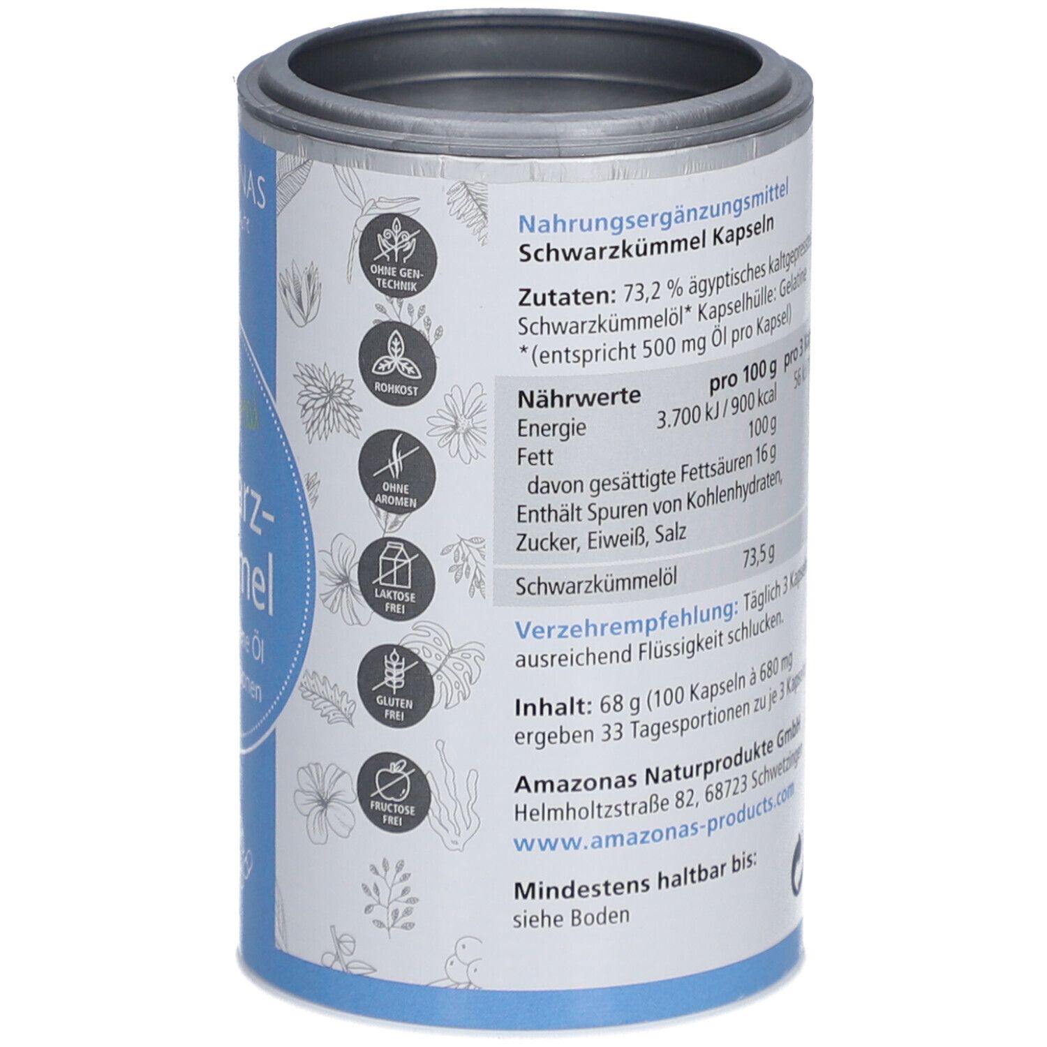 Dose mit blauer Banderole. Text: Nahrungsergänzungsmittel. Nährwertangaben. Text und Illustrationen.