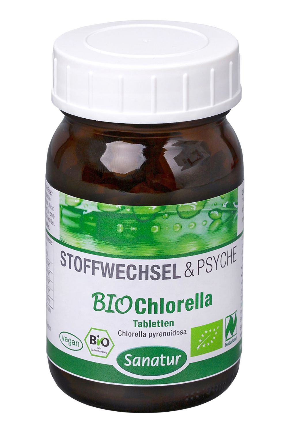 Braune Glasflasche mit weißem Deckel. Aufschrift: BIO Chlorella, Stoffwechsel & Psyche, Sanatur. Vegan-Siegel.