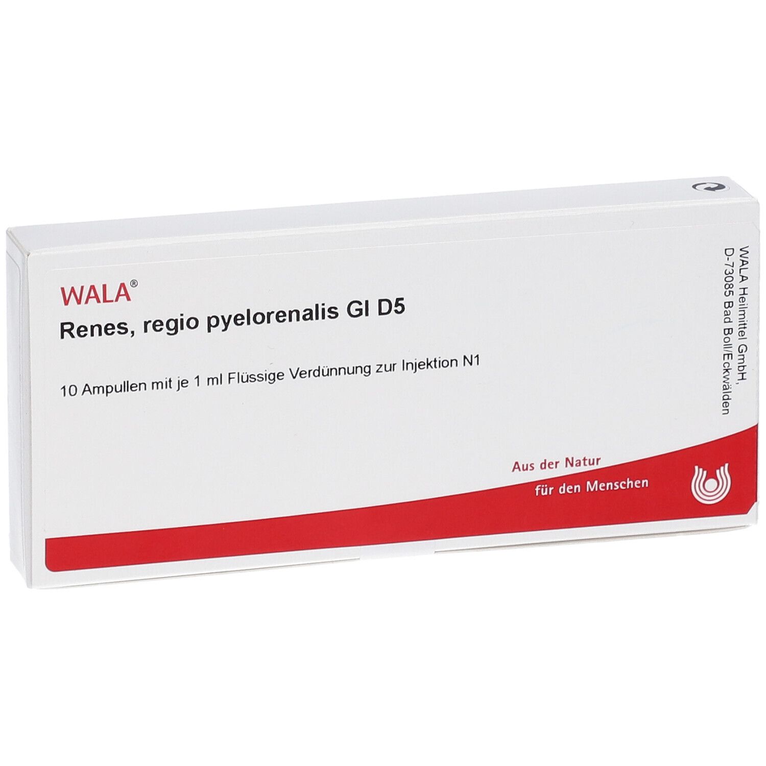 WALA® Renes, regio pyelorenalis Gl D 5. Boîte blanche avec bande rouge. Texte: 10 ampoules. Logo. Vue de face.