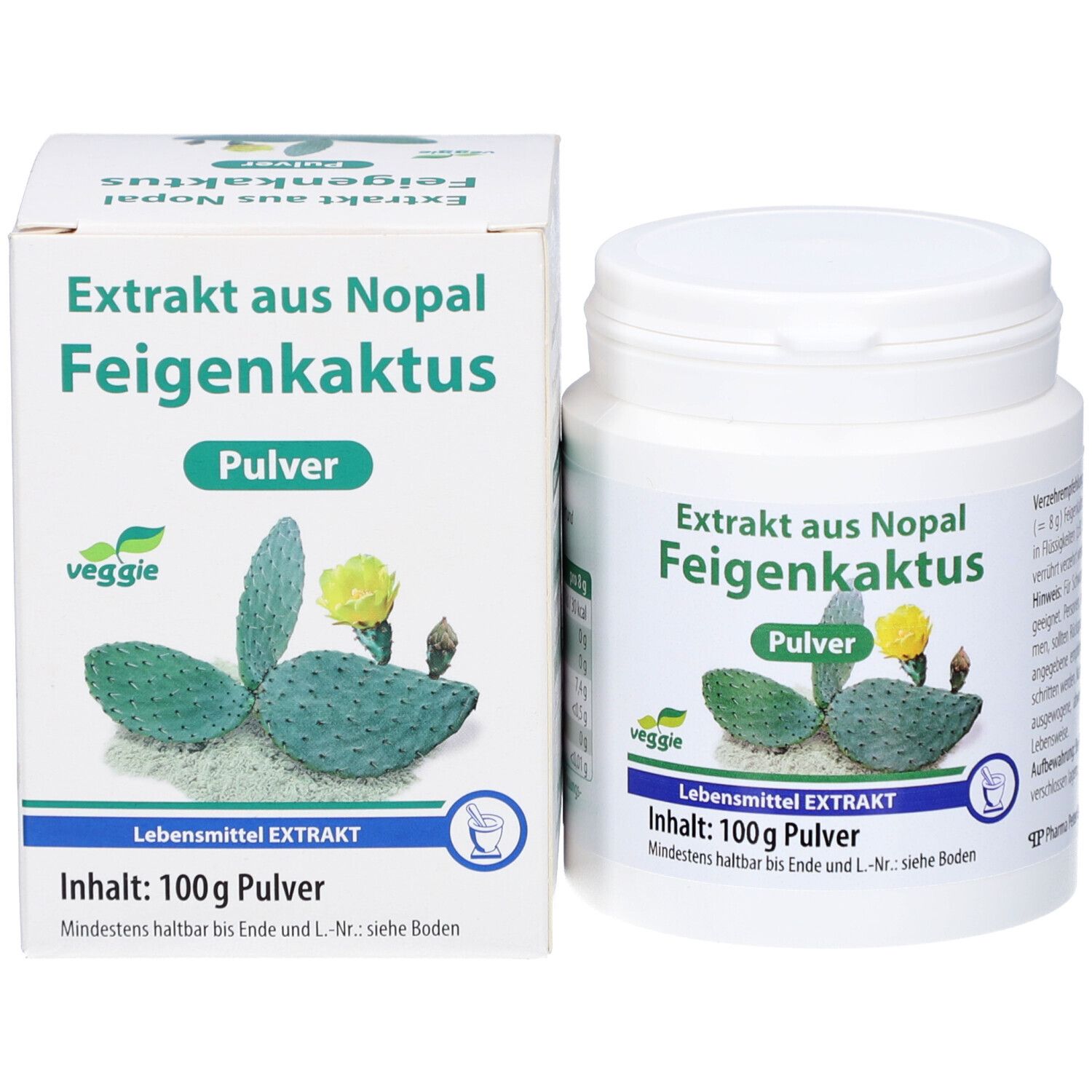 Weiße Dose und Karton mit 'Extrakt aus Nopal Feigenkaktus Pulver'. Enthält 100g Pulver. Veggie-Logo. Verpackungsansicht.