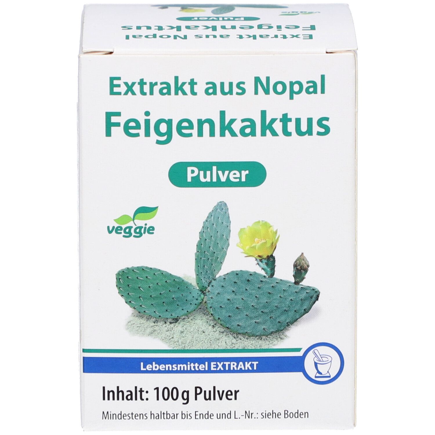 Kartonverpackung mit Nopal Feigenkaktus Pulver. Produktname, 100g, und Illustrationen von Kaktusblättern.
