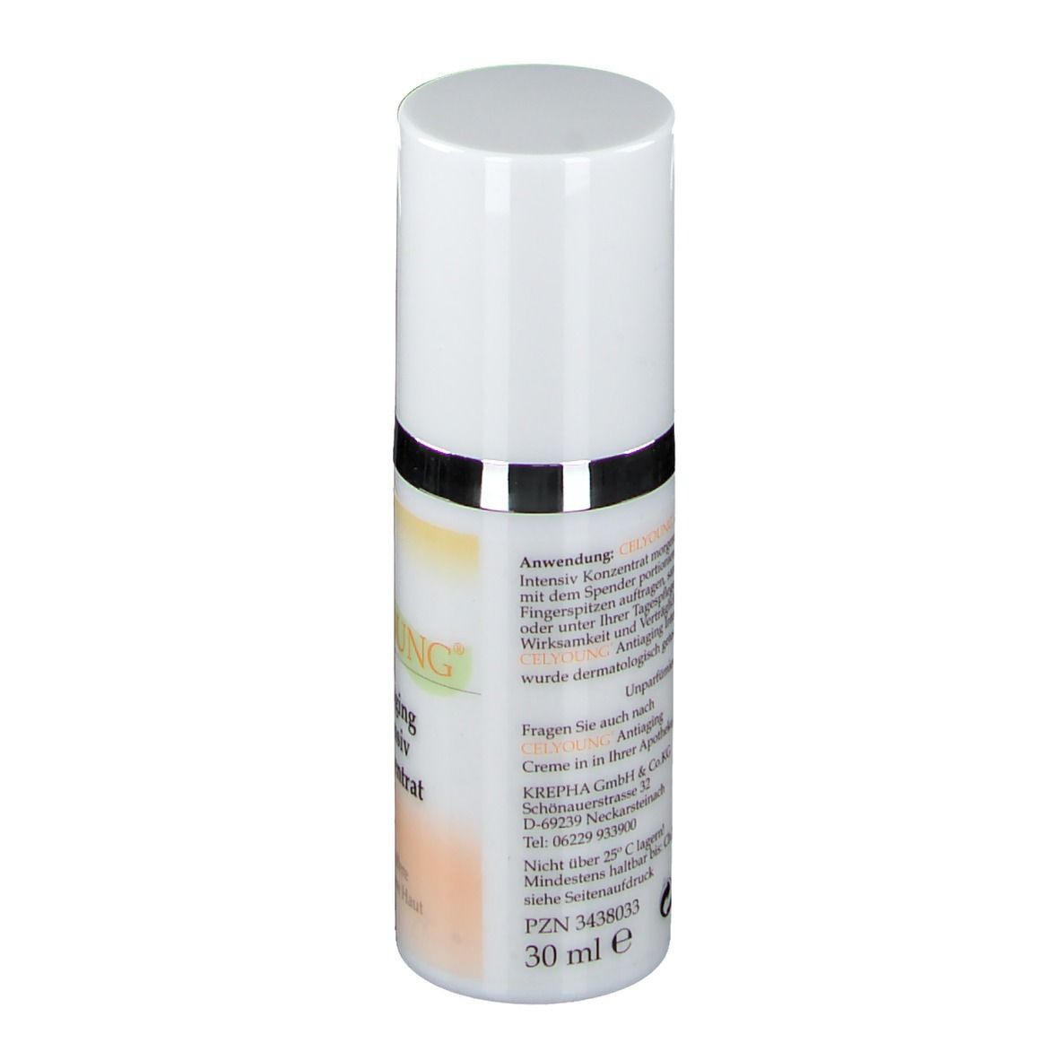 Flacon blanc avec bague argentée. Inscription : CELYOUNG, Antiaging Intensiv Konzentrat. Texte au dos.