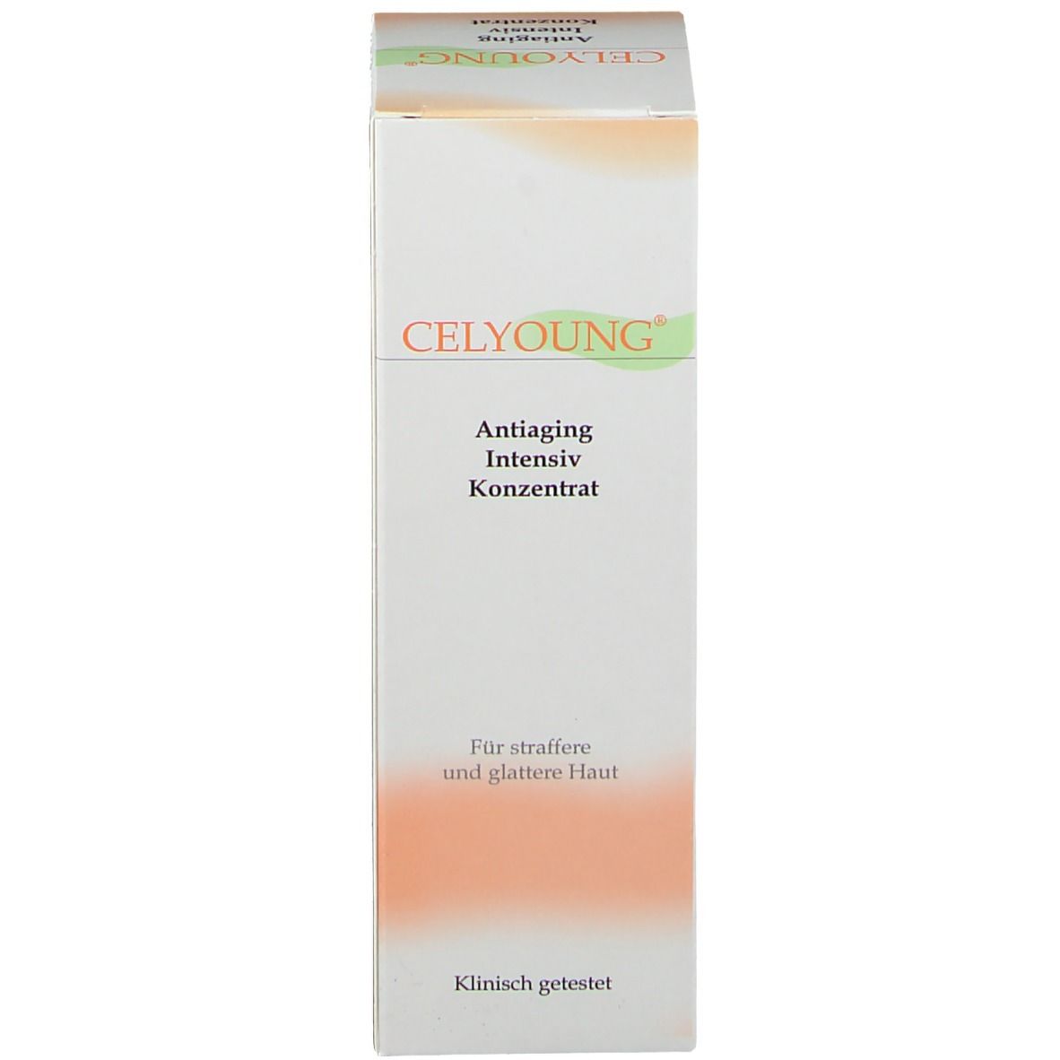 Emballage du produit. Inscription : CELYOUNG, Antiaging Intensiv Konzentrat. Pour une peau plus ferme et lisse. Testé cliniquement.