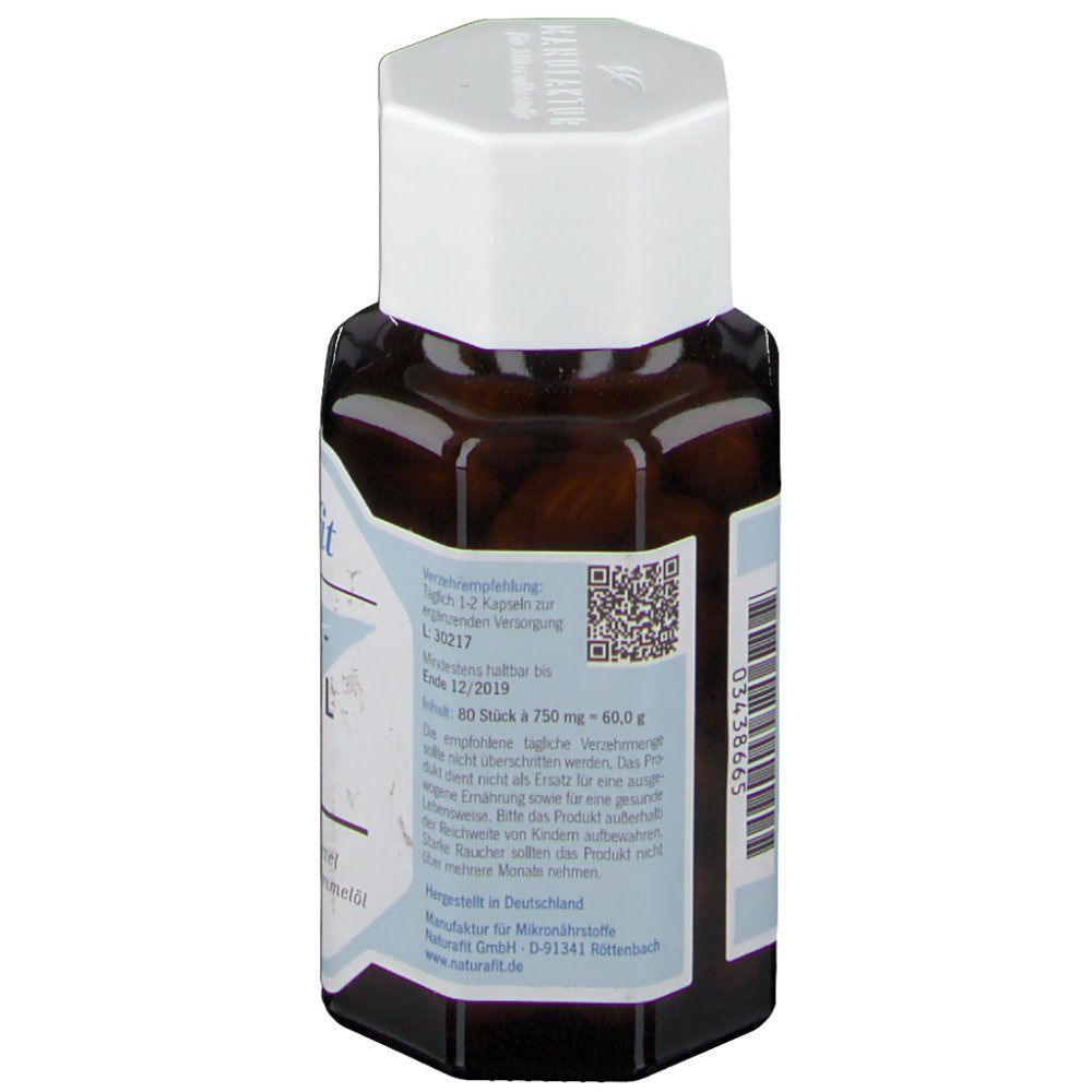 Rückansicht der Flasche mit braunen Kapseln und weißem Deckel. Aufschrift: naturafit, QR-Code, Text.