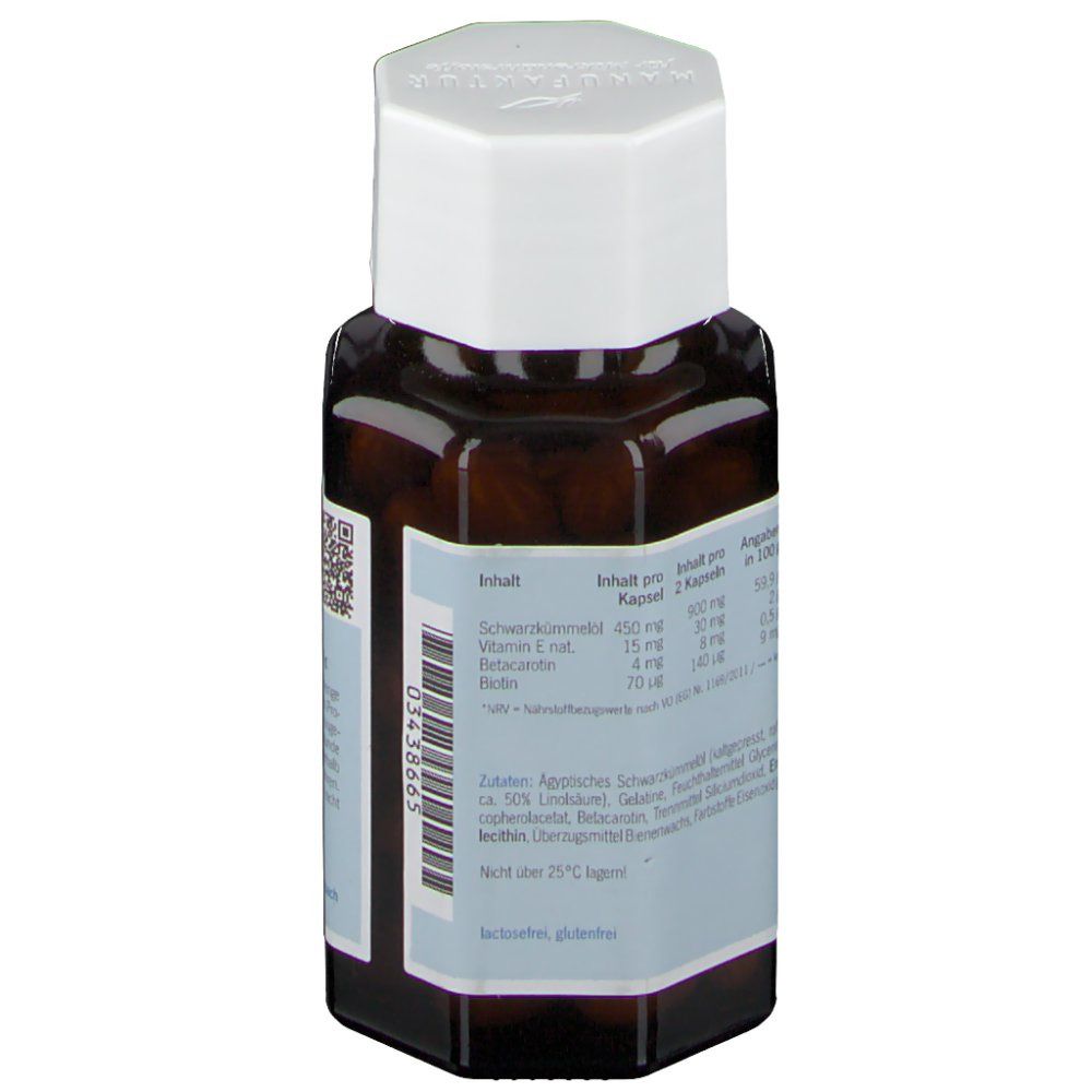 Rückansicht der Flasche mit braunen Kapseln und weißem Deckel. Aufschrift: naturafit, Inhaltsstoffe, Text.