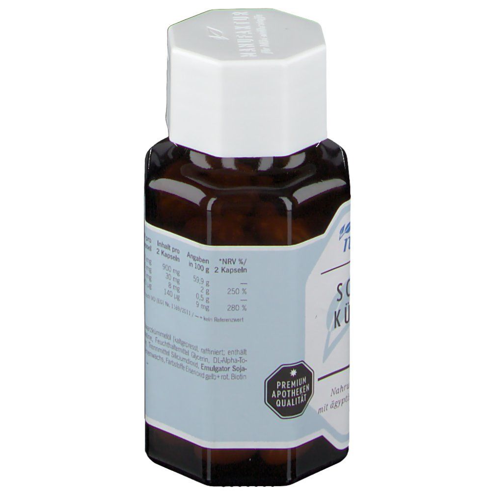 Rückansicht der Flasche mit braunen Kapseln und weißem Deckel. Aufschrift: naturafit, Nährwertangaben, Text.