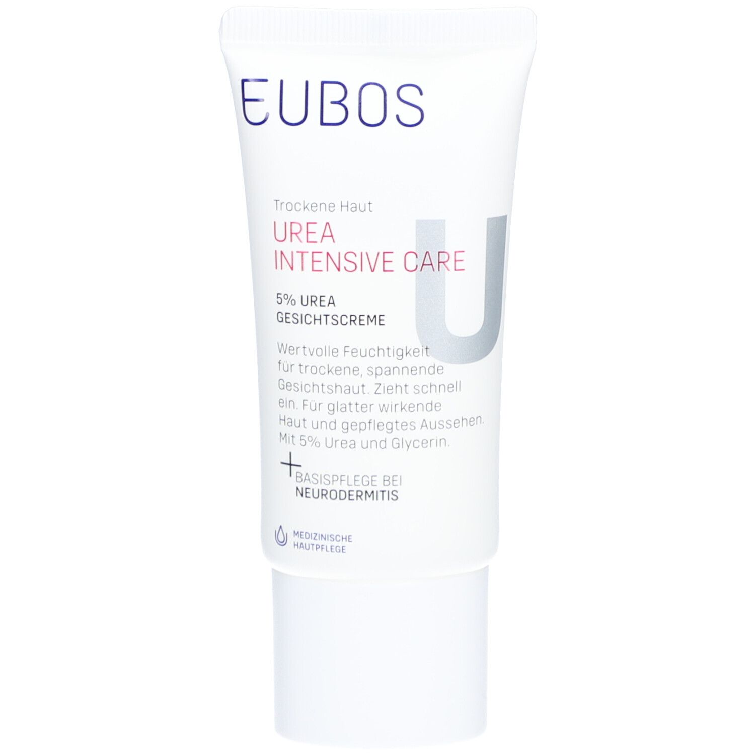 EUBOS Urea Intensive Care Gesichtscreme-Tube. Weiß mit blauer Schrift. Für trockene Haut. Medizinische Hautpflege.