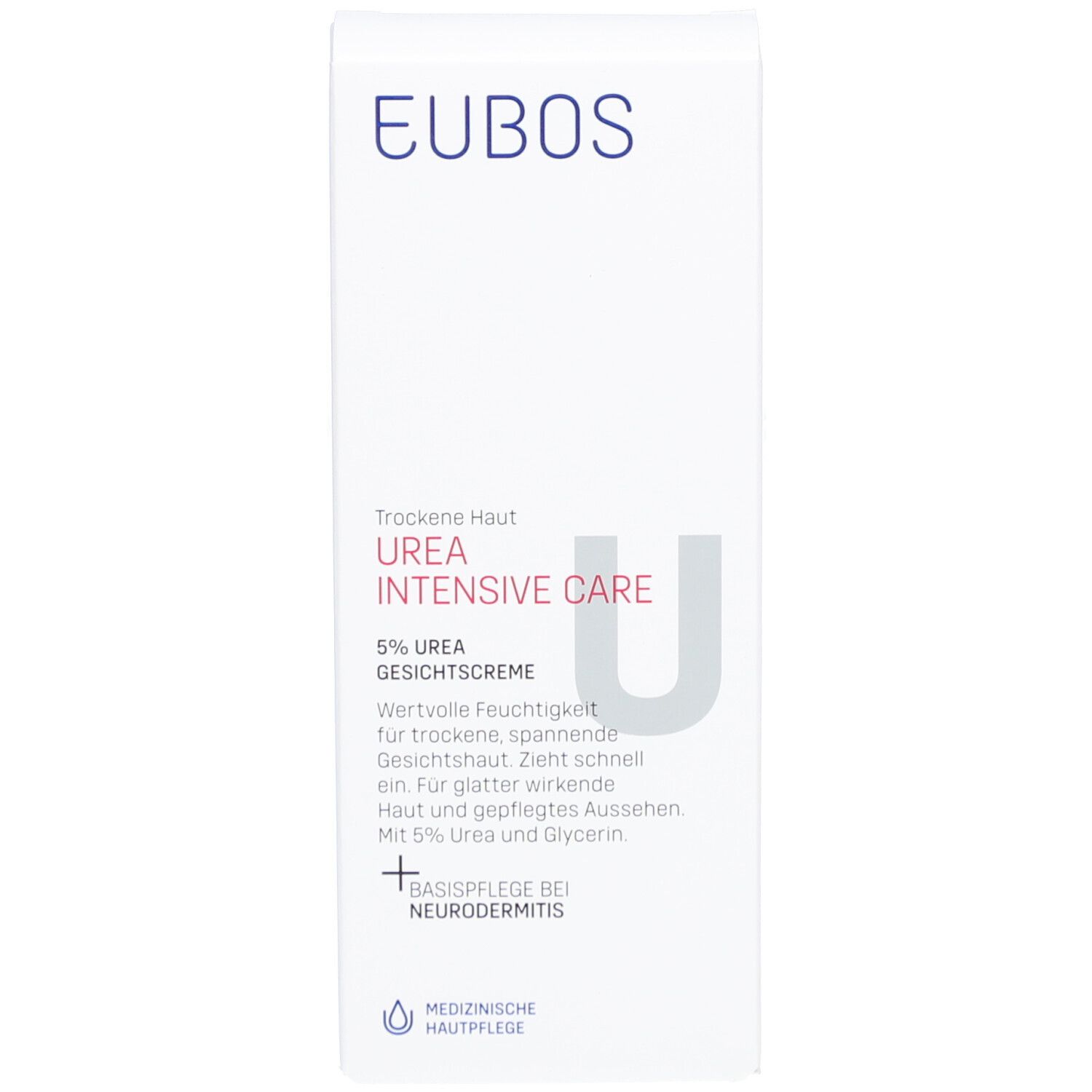 EUBOS Urea Intensive Care Gesichtscreme Verpackung. Weiß mit blauer Schrift. Medizinische Hautpflege.