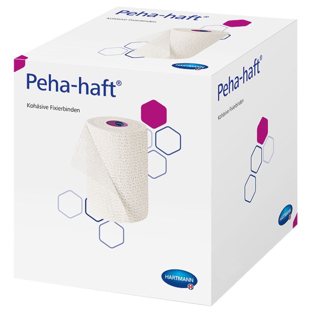 Boîte de Peha-haft. Bande cohésive blanche partiellement visible. Logo Hartmann. Motif hexagonal.