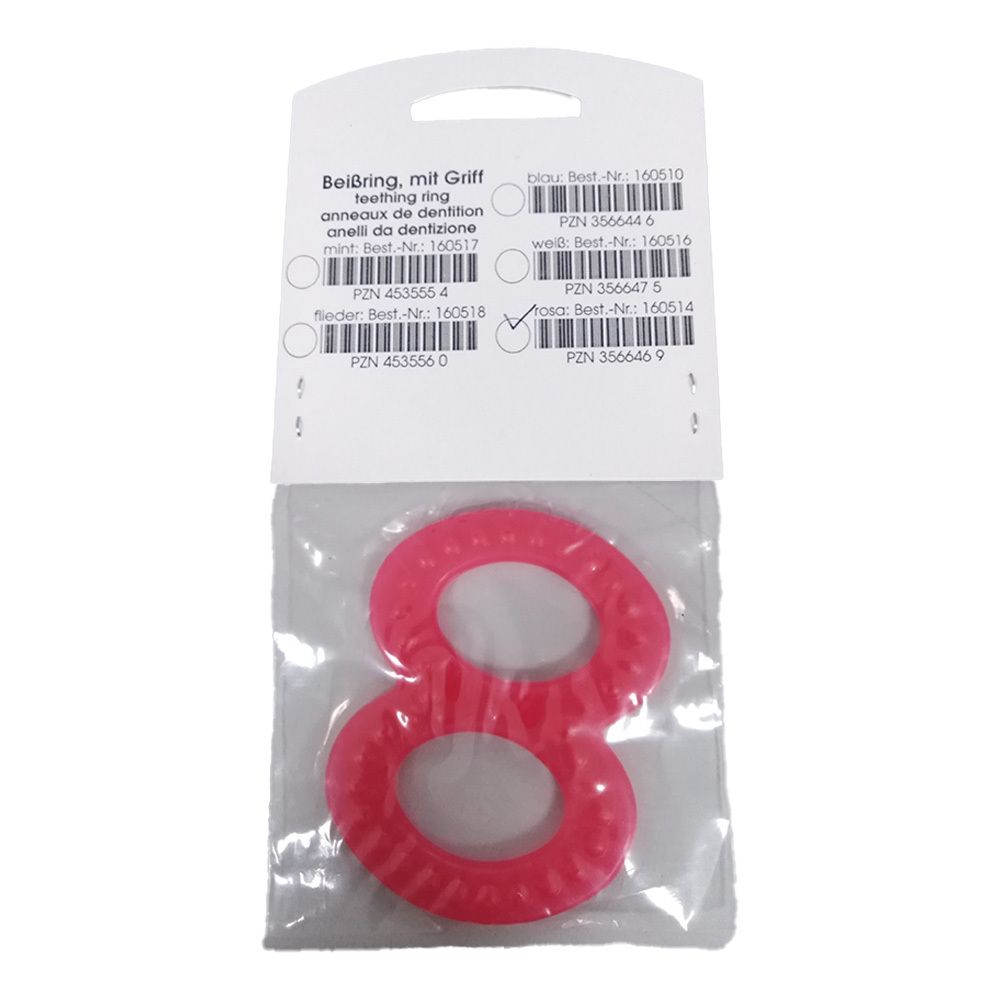 Rosa Beißring in Verpackung. Produktetikett mit Barcodes und Text.