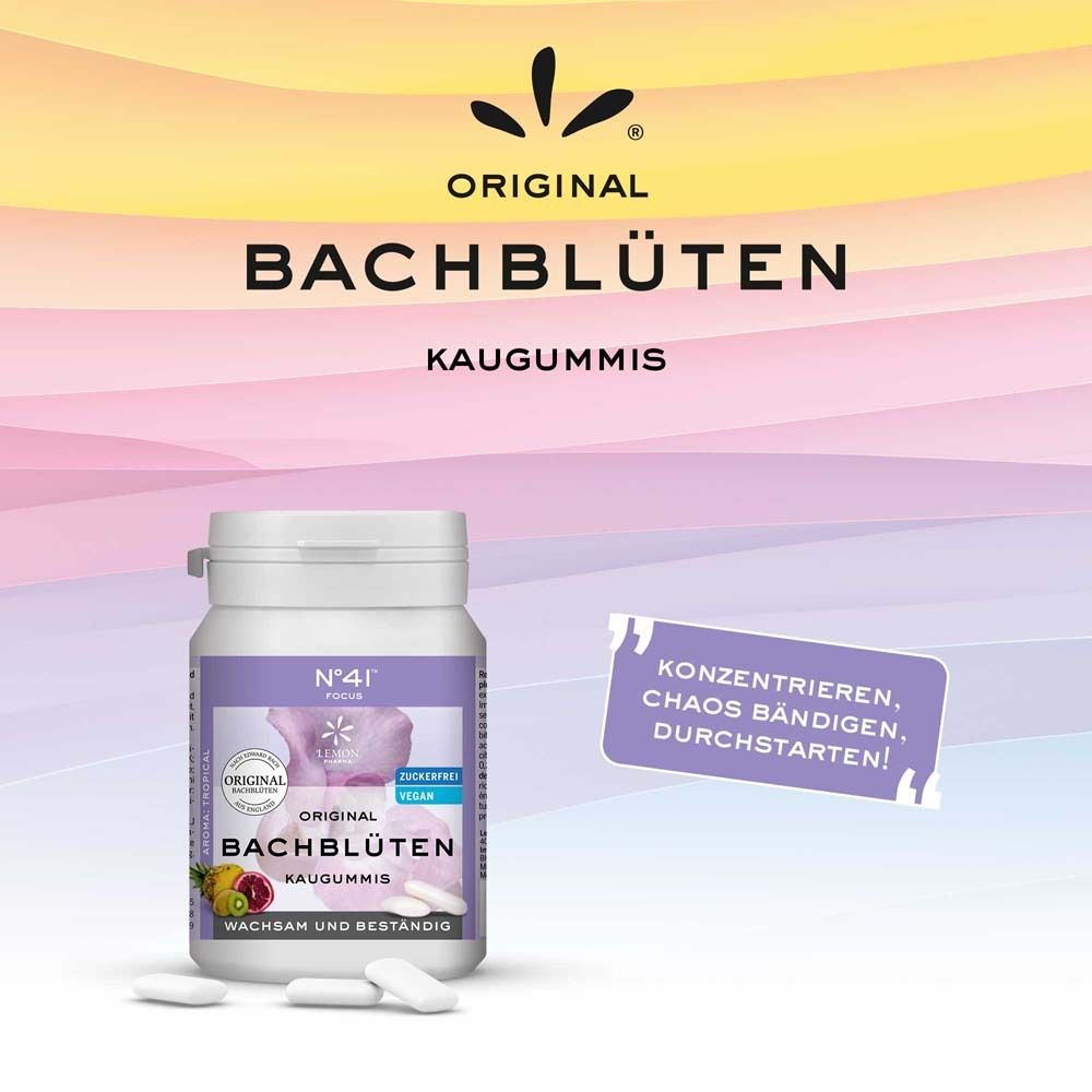Produktflasche mit Kaugummis vor farbigem Hintergrund. Aufschrift: Original Bachblüten Kaugummis. Text: Konzentrieren, Chaos bändigen, durchstarten!