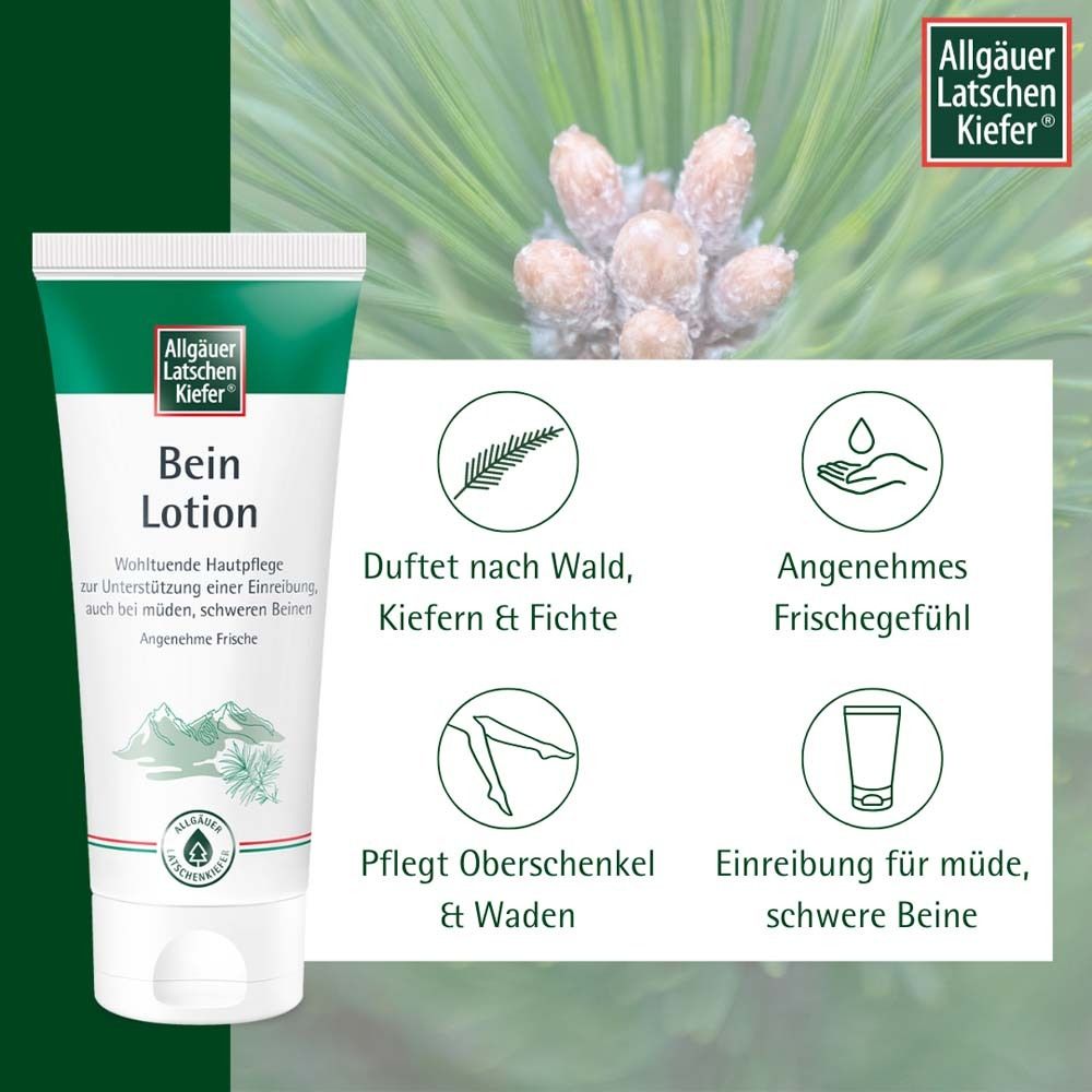 Tube de Bein Lotion avec icônes. Icônes: Parfum, sensation de fraîcheur, soin des cuisses, friction pour les jambes.
