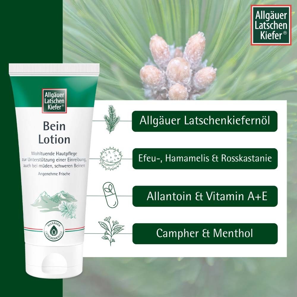 Tube Bein Lotion mit Inhaltsstoffen. Text: Allgäuer Latschenkiefer, Bein Lotion. Inhaltsstoffe: Öle, Extrakte, Vitamine.