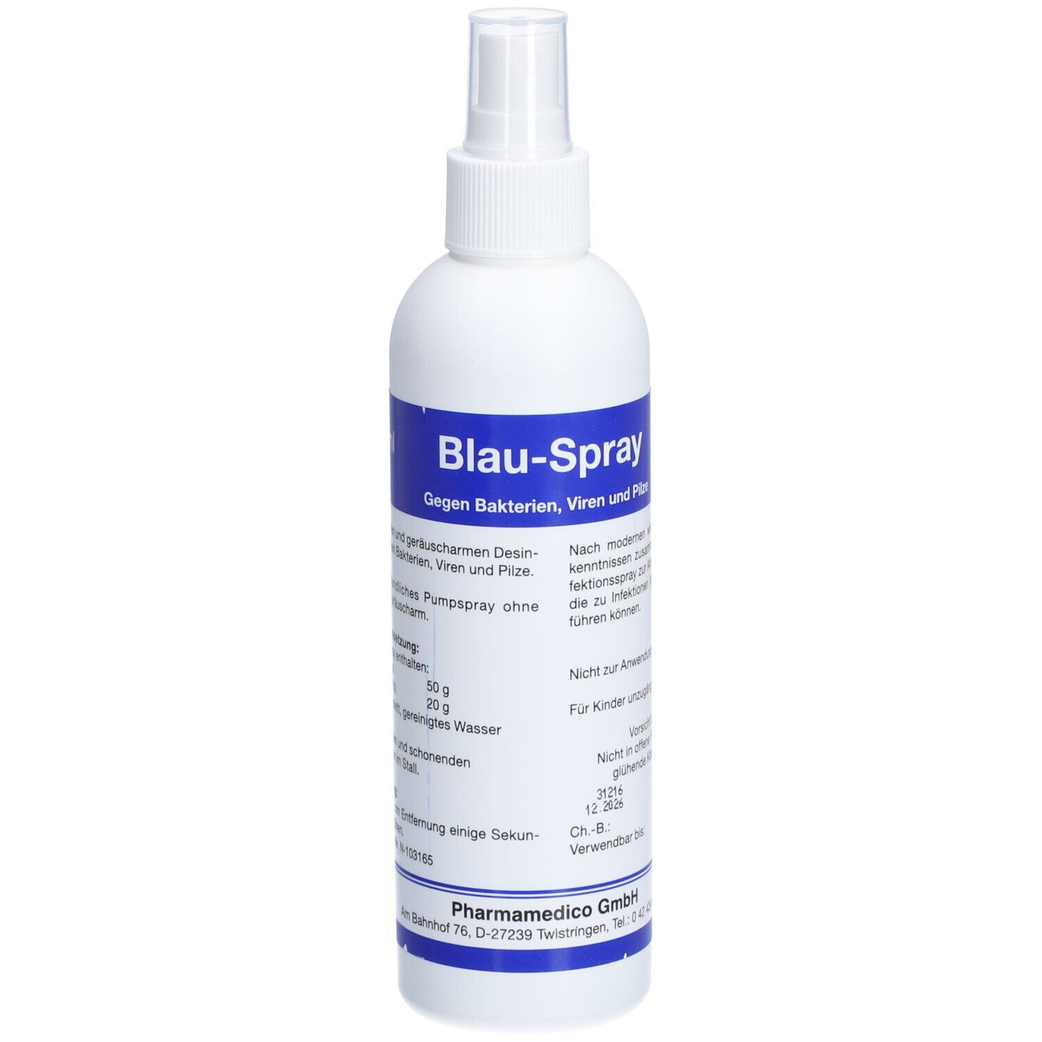 Weiße Flasche mit blauem Etikett. Aufschrift: Blau-Spray. Enthält Desinfektionsmittel. Mit Sprühkopf.