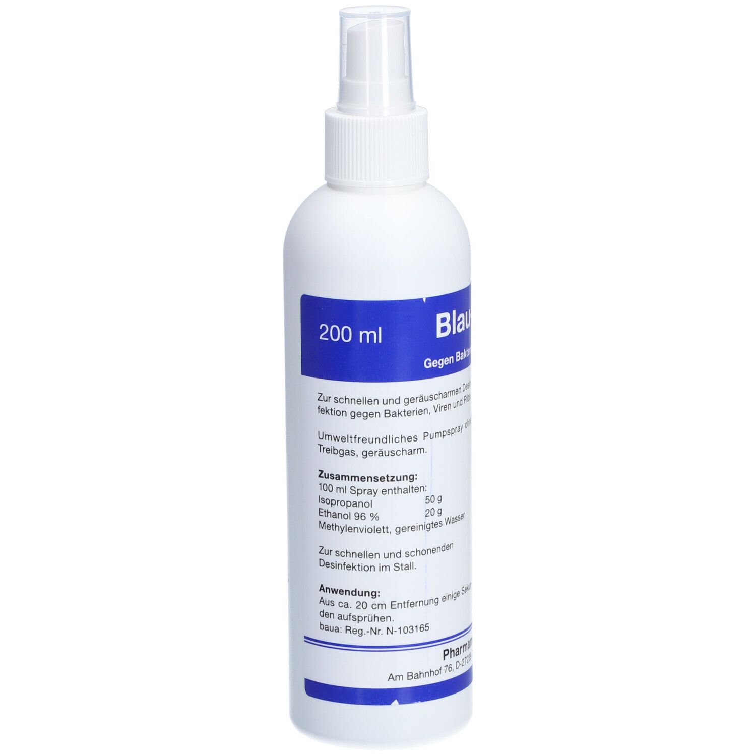 Weiße Flasche mit blauem Etikett. Aufschrift: Blau-Spray, 200 ml. Enthält Desinfektionsmittel. Mit Sprühkopf.