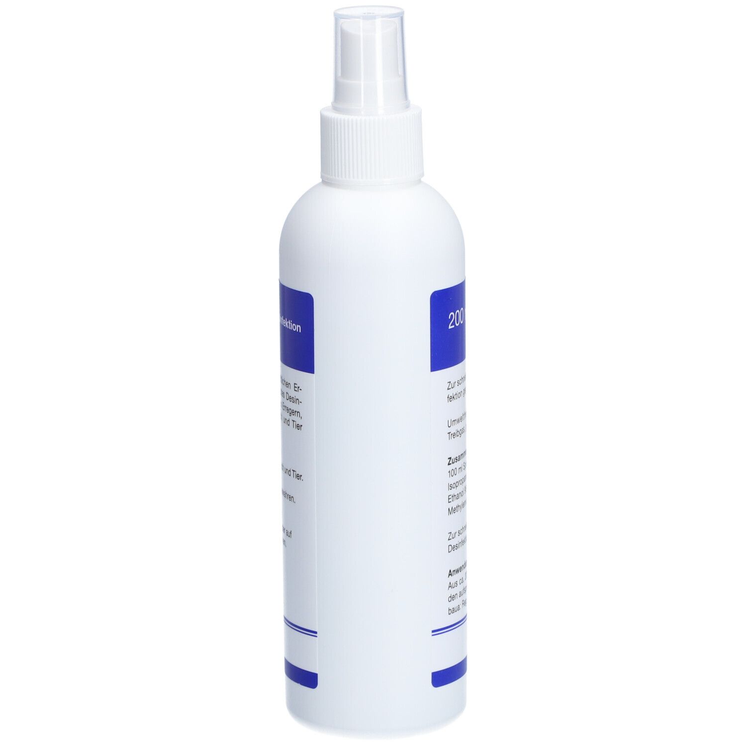 Weiße Flasche mit blauem Etikett. Aufschrift: 200 ml. Enthält Desinfektionsmittel. Mit Sprühkopf.