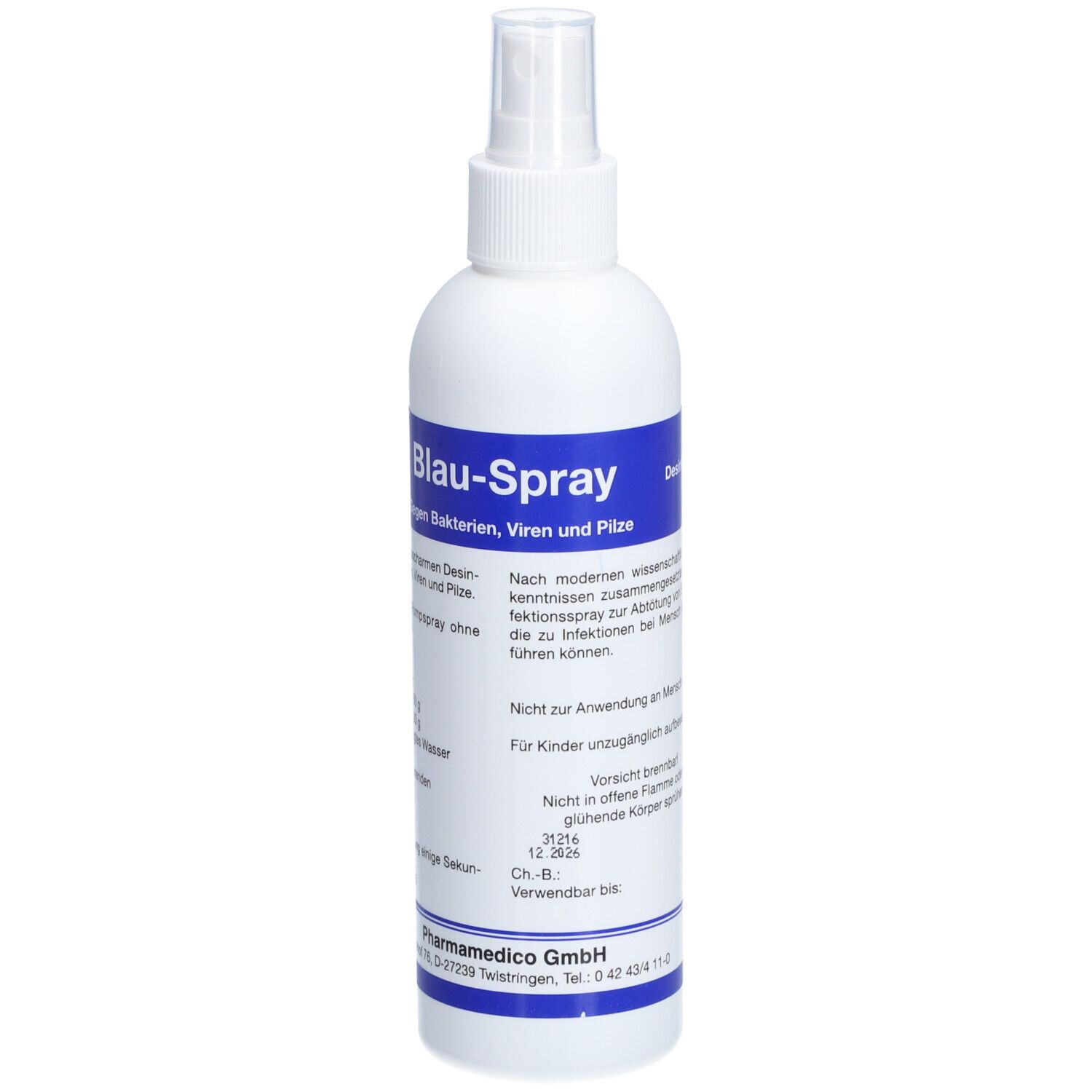 Weiße Flasche mit blauem Etikett. Aufschrift: Blau-Spray. Enthält Desinfektionsmittel. Mit Sprühkopf.