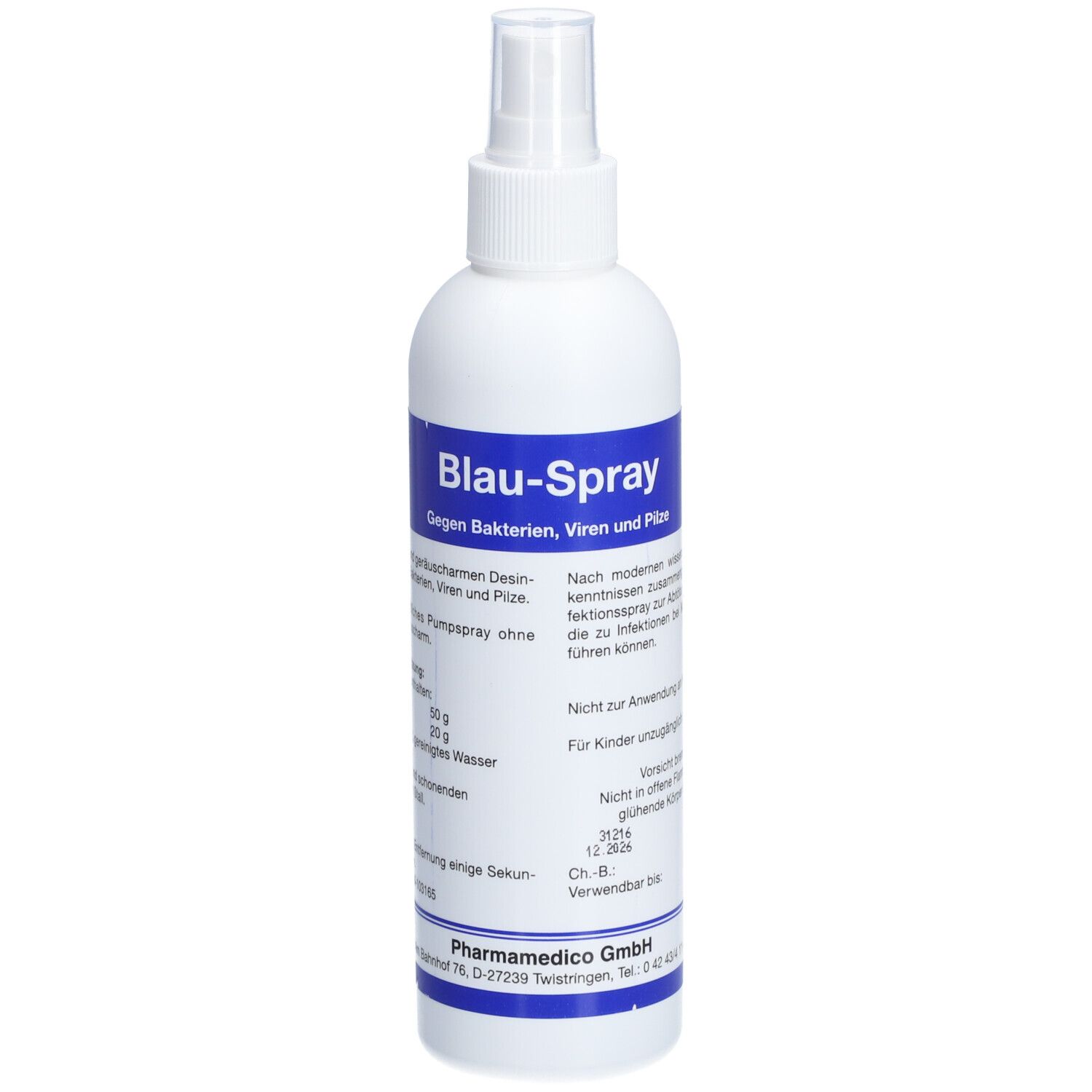 Weiße Flasche mit blauem Etikett. Aufschrift: Blau-Spray. Enthält Desinfektionsmittel. Mit Sprühkopf.
