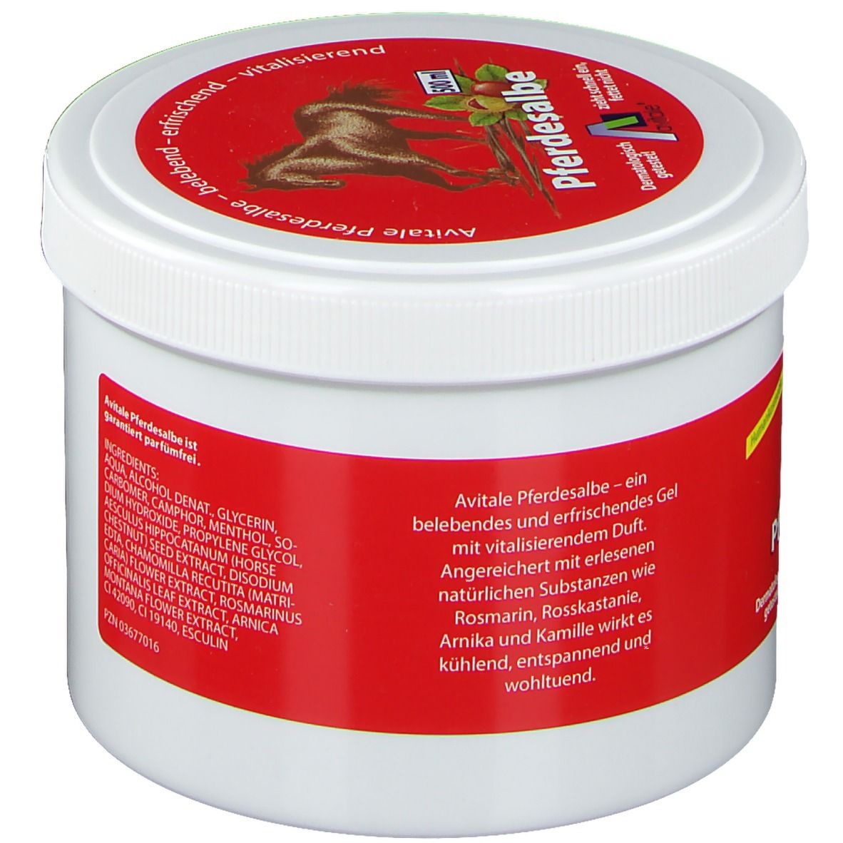 Pot blanc avec étiquette rouge. Inscription : Pferdesalbe. Logo avec cheval. En haut : Avitale Pferdesalbe. Gel parfumé. Ingrédients.