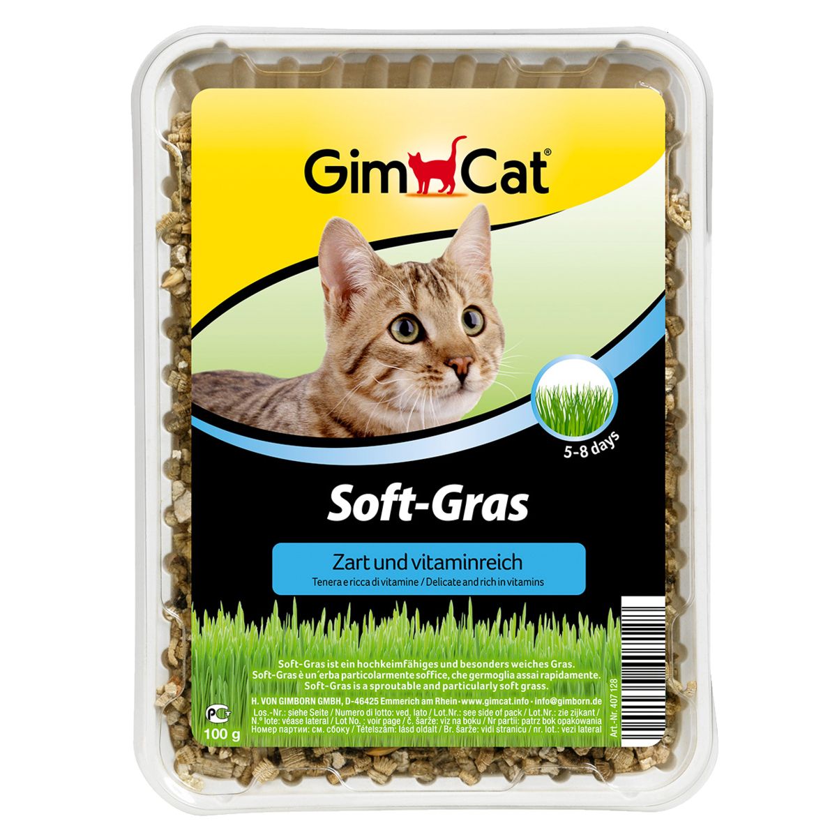 GimCat Soft-Gras in Kunststoffverpackung. Gelbes Etikett mit Katze, Schriftzug und Gras. "Zart und vitaminreich".