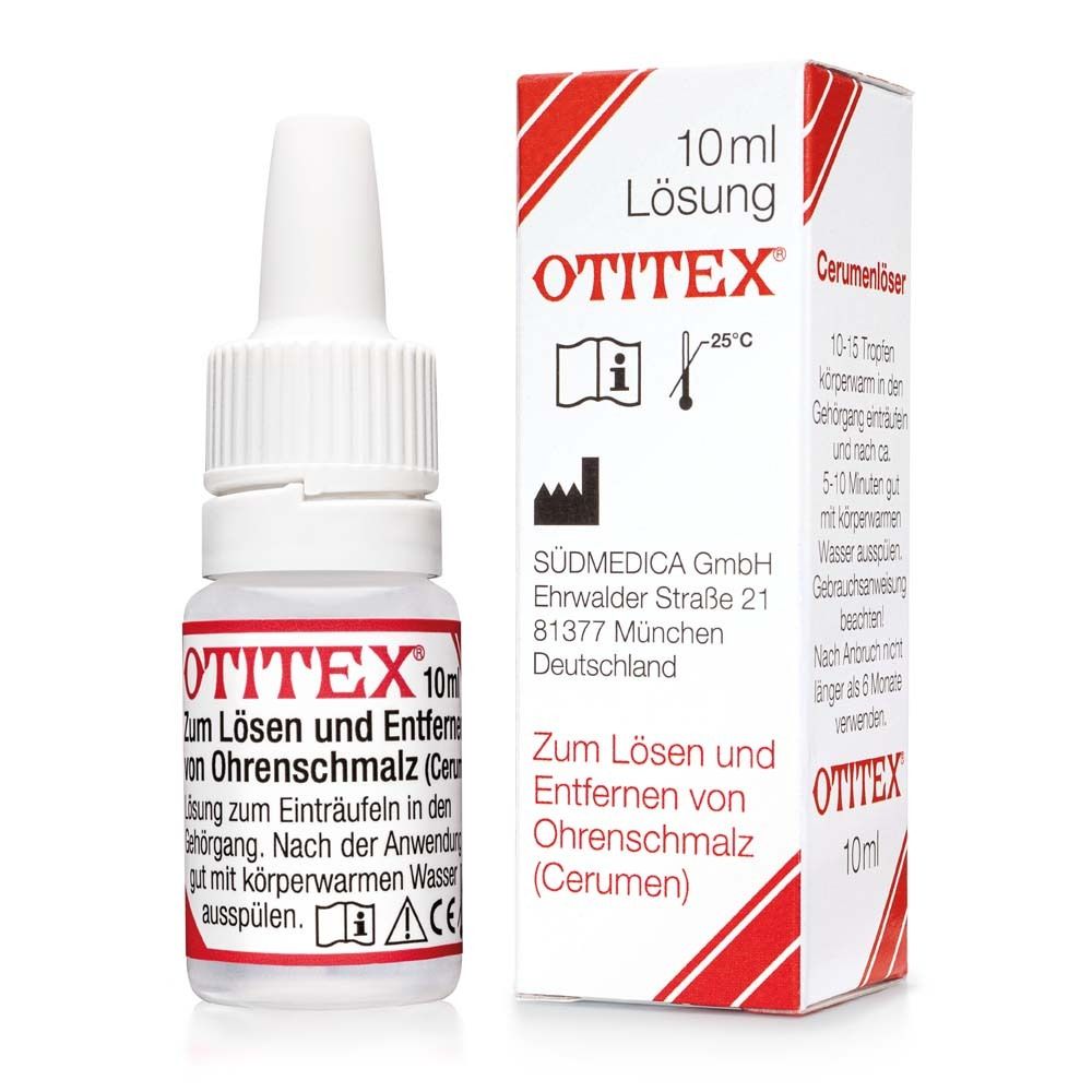Otitex gouttes auriculaires, solution de 10 ml. Flacon et emballage. Contient des informations sur l'utilisation et l'adresse du fabricant.