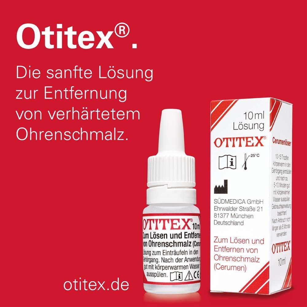 Otitex gouttes auriculaires, solution de 10 ml. Flacon et emballage. Rouge avec informations et logo du produit.