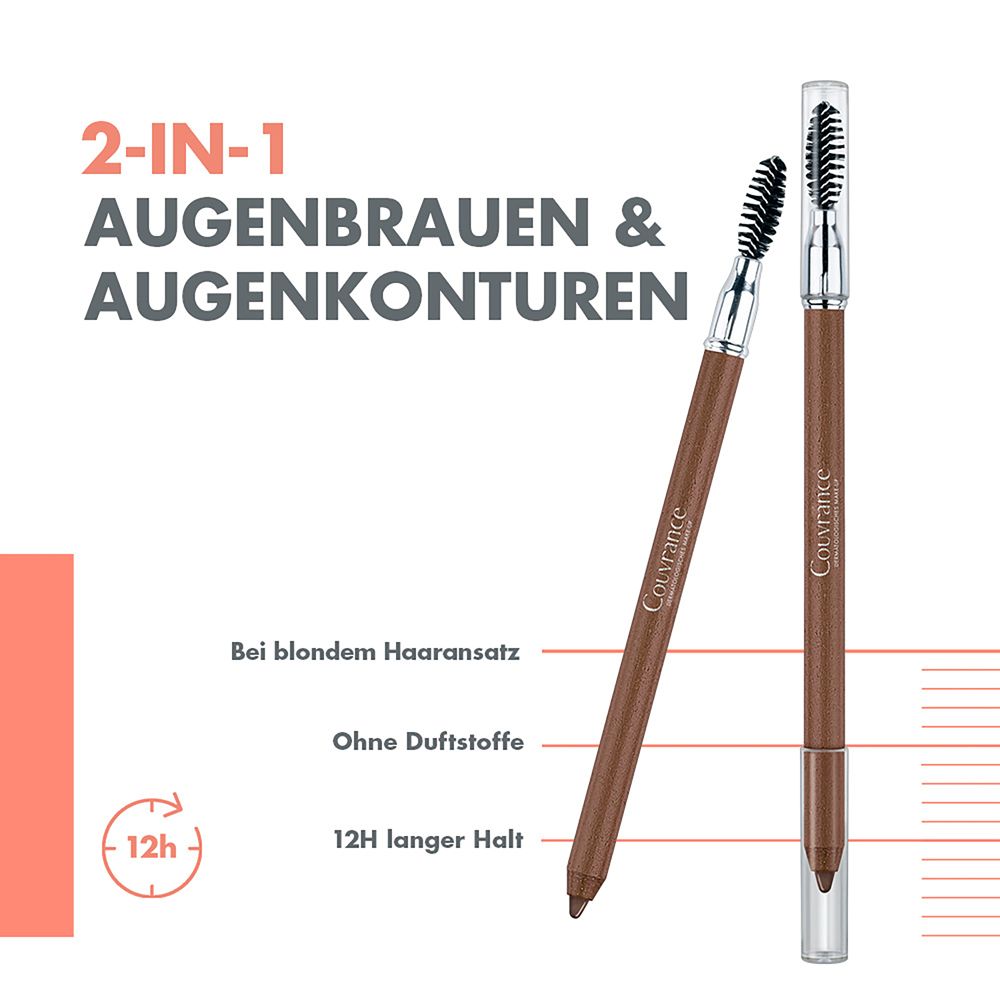Ein brauner Augenbrauenstift mit Bürste, 2-in-1 für Augenbrauen und Konturen, 12h Halt.
